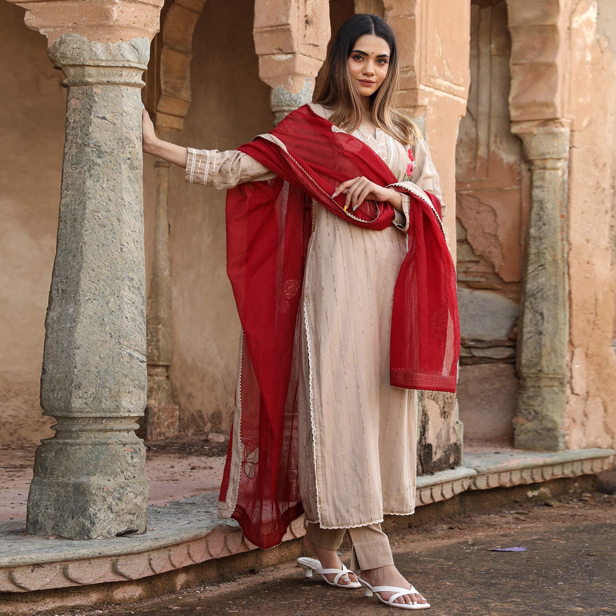 Beige Embroidered Cotton Partywear Kurti Pant Set With Dupatta - Peachmode