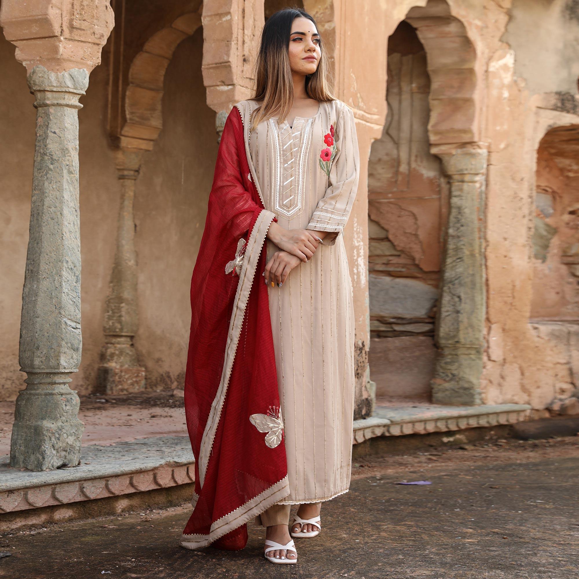 Beige Embroidered Cotton Partywear Kurti Pant Set With Dupatta - Peachmode