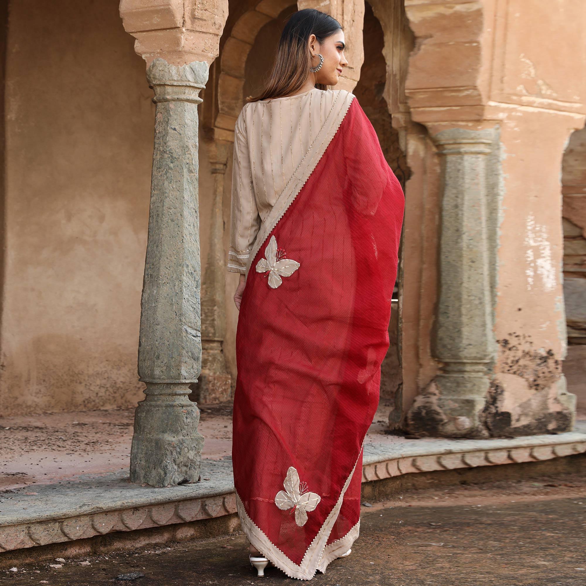 Beige Embroidered Cotton Partywear Kurti Pant Set With Dupatta - Peachmode