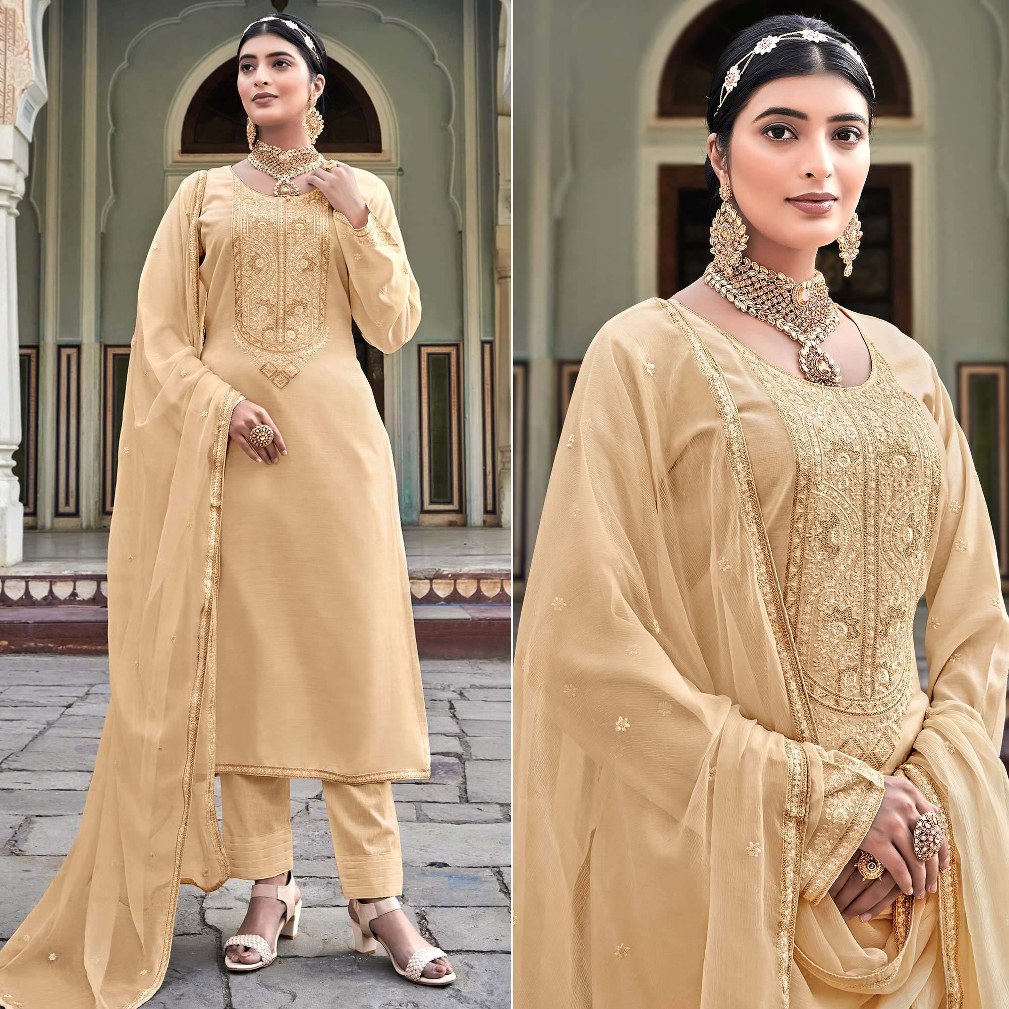 Beige Embroidered Cotton Silk Suit - Peachmode