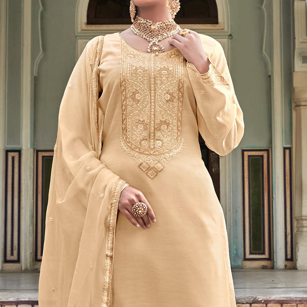 Beige Embroidered Cotton Silk Suit - Peachmode