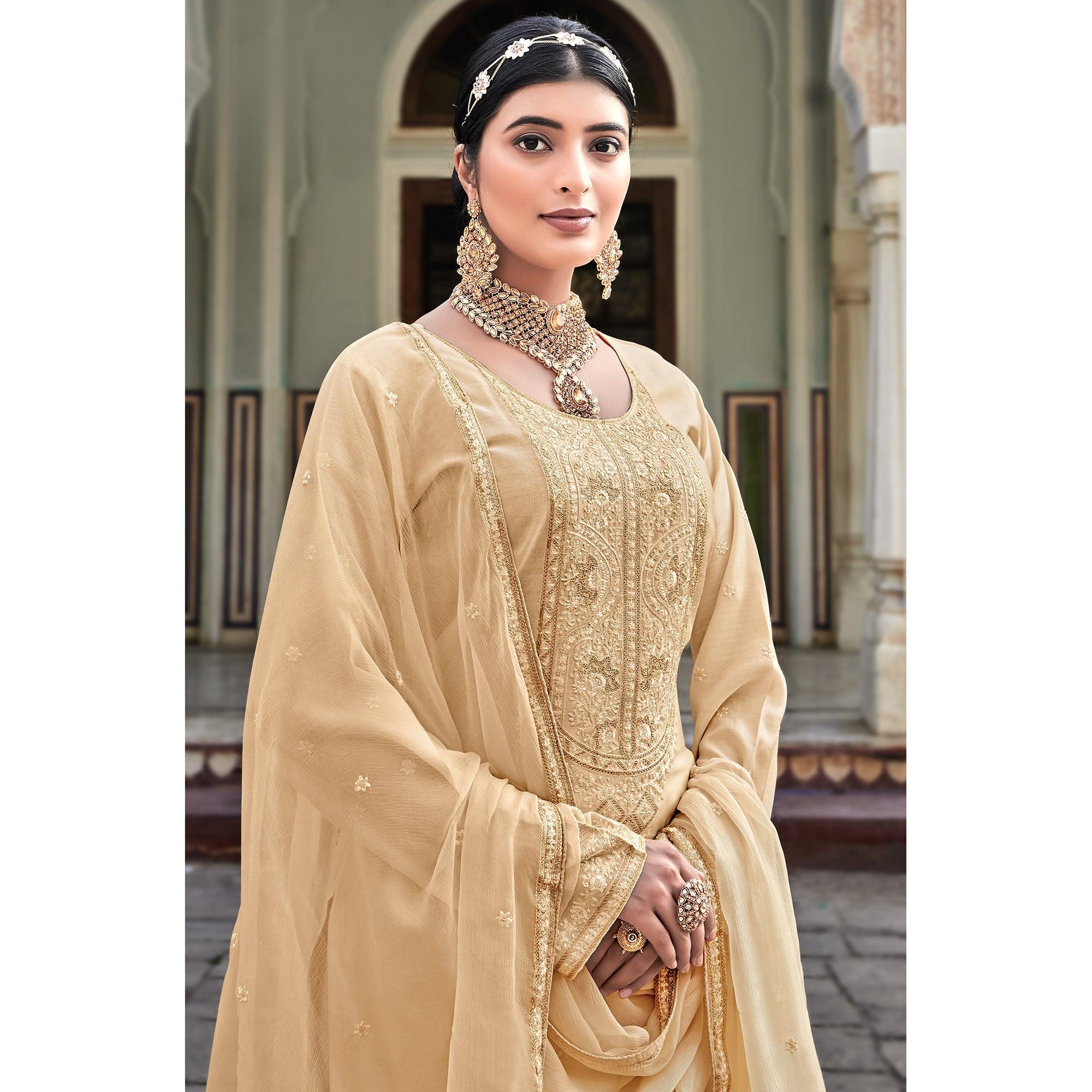 Beige Embroidered Cotton Silk Suit - Peachmode