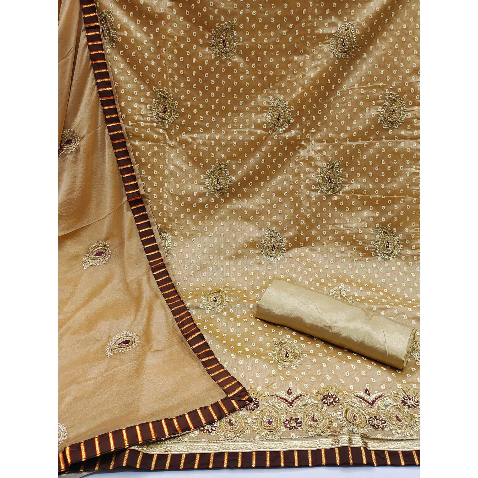 Beige Embroidered Fancy Fabric Dress Material - Peachmode