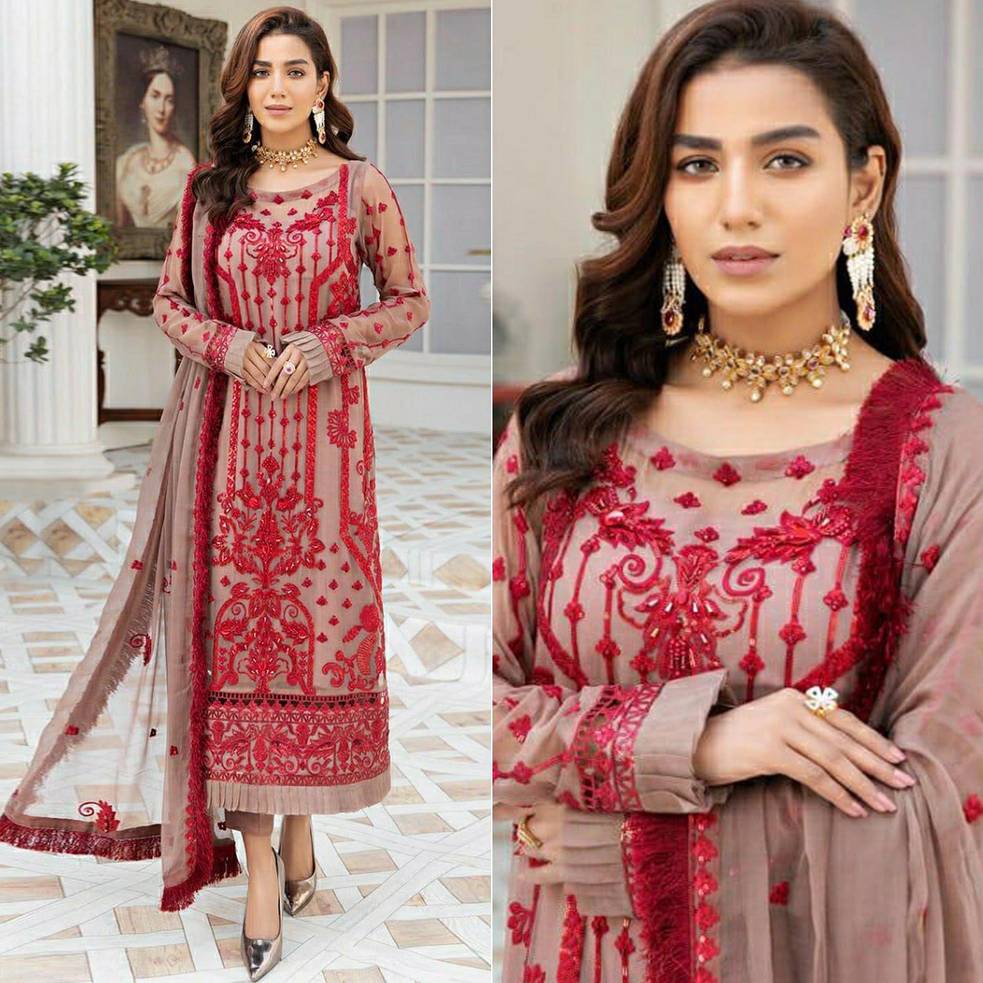 Beige Embroidered Georgette Pakistani Suit - Peachmode