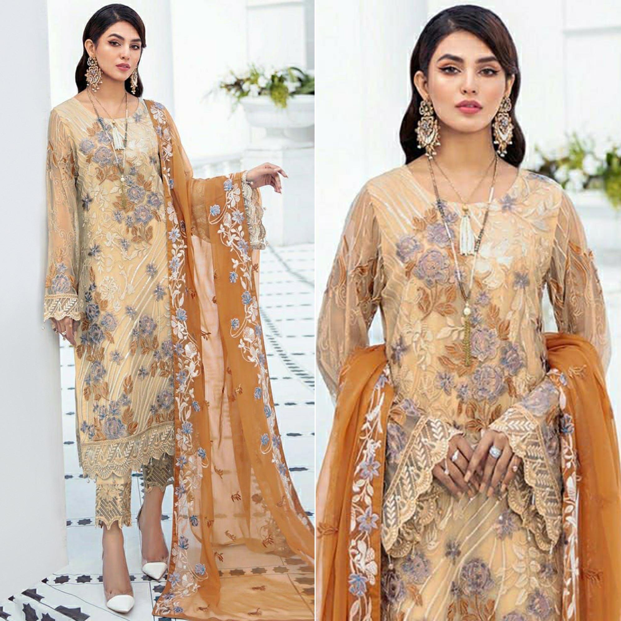 Beige Embroidered Georgette Pakistani Suit - Peachmode