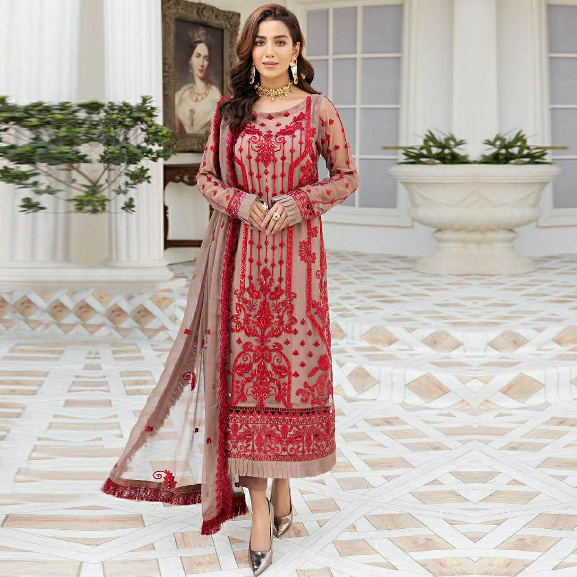 Beige Embroidered Georgette Pakistani Suit - Peachmode