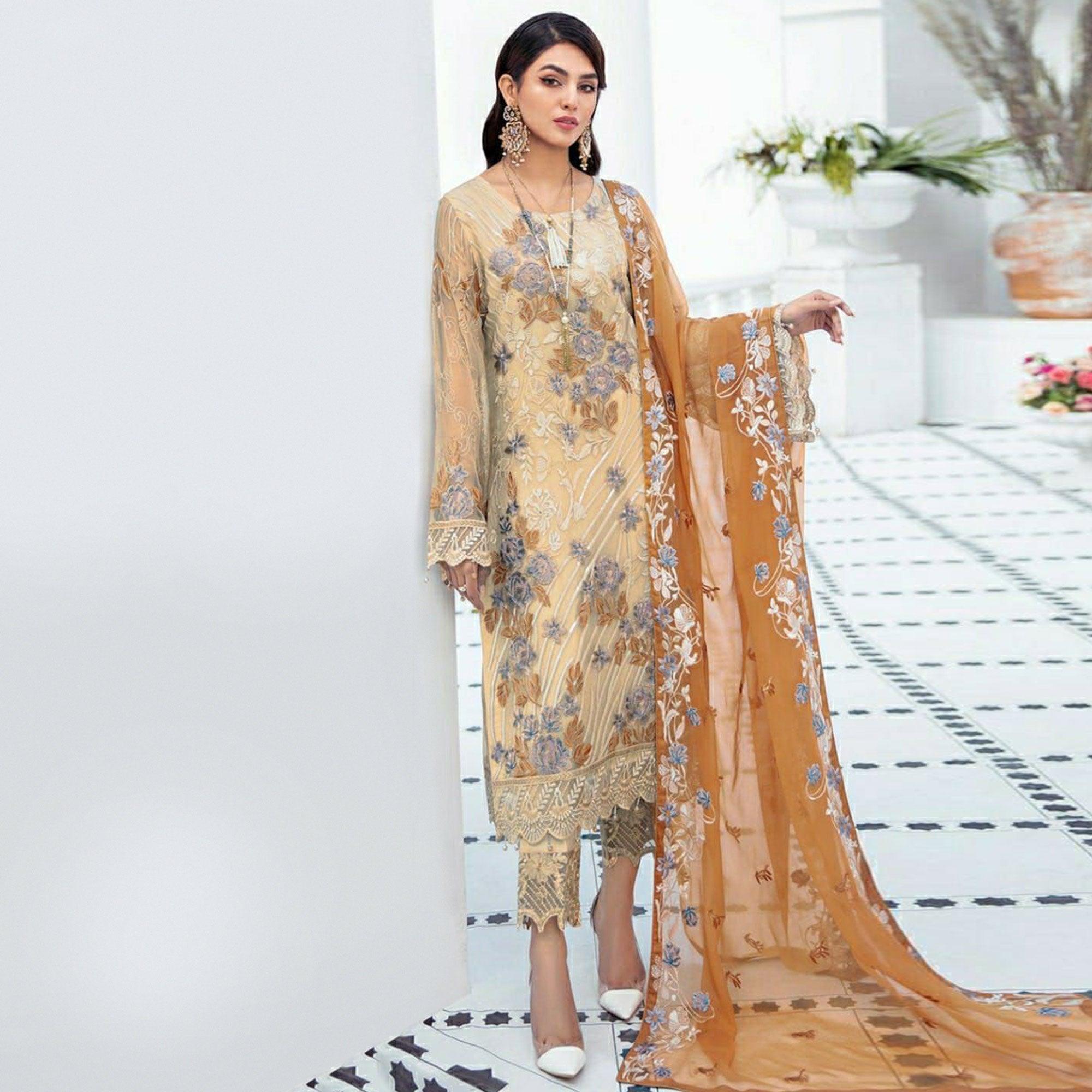 Beige Embroidered Georgette Pakistani Suit - Peachmode