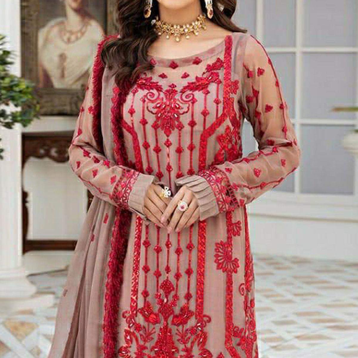 Beige Embroidered Georgette Pakistani Suit - Peachmode