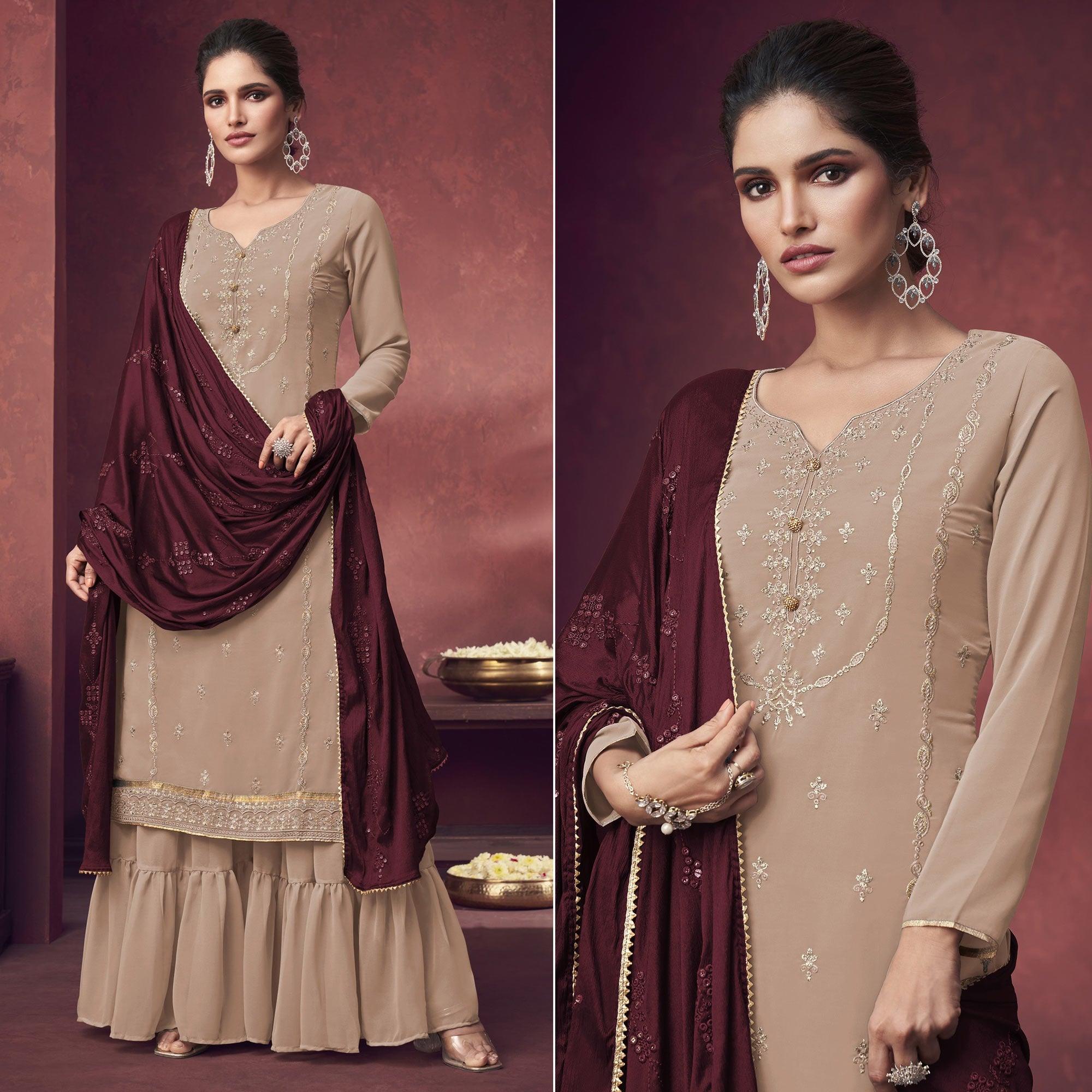 Beige Embroidered Georgette Sharara Suit - Peachmode