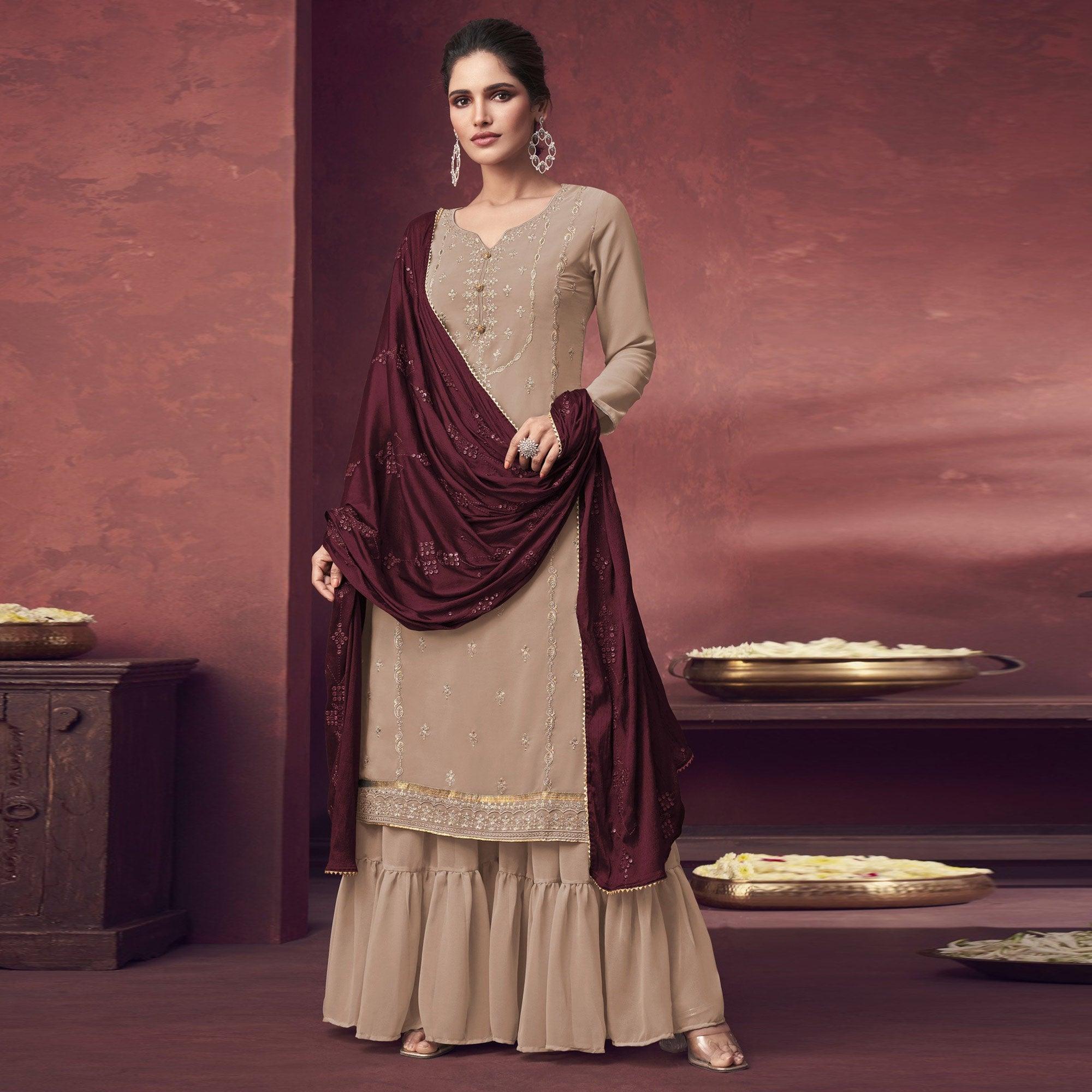 Beige Embroidered Georgette Sharara Suit - Peachmode