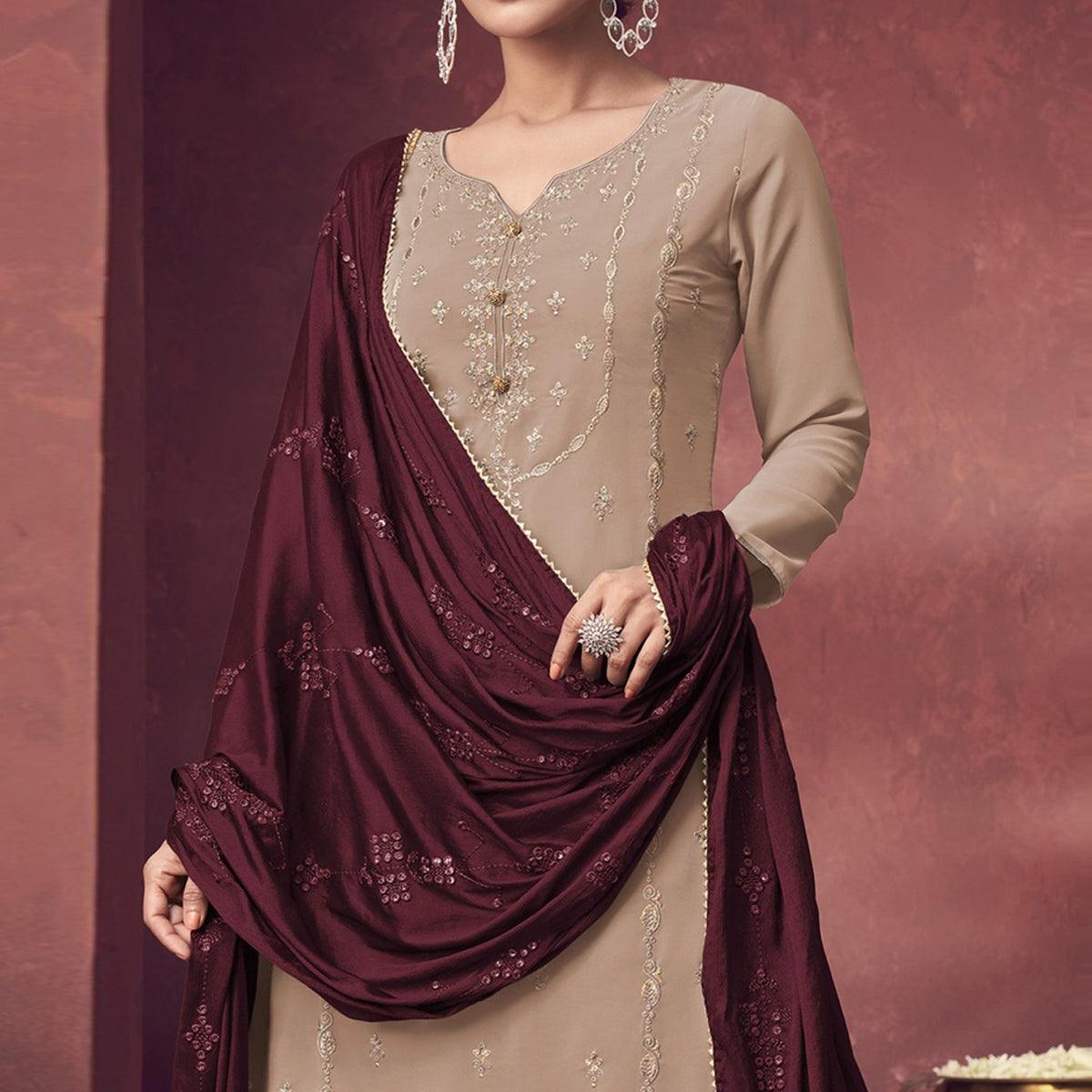 Beige Embroidered Georgette Sharara Suit - Peachmode