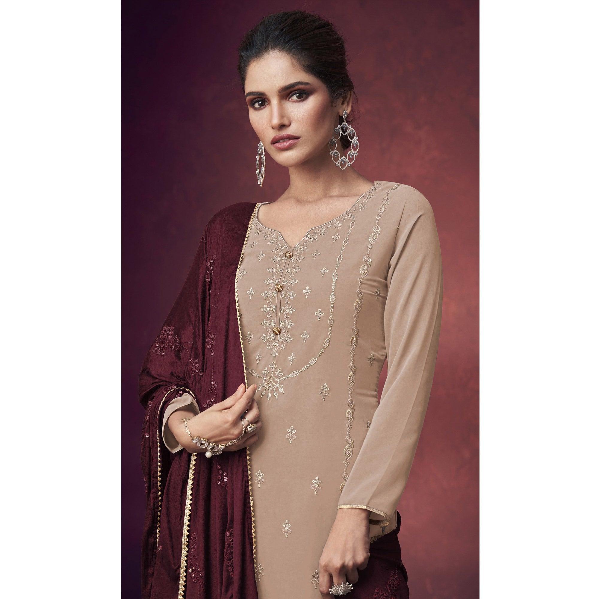 Beige Embroidered Georgette Sharara Suit - Peachmode