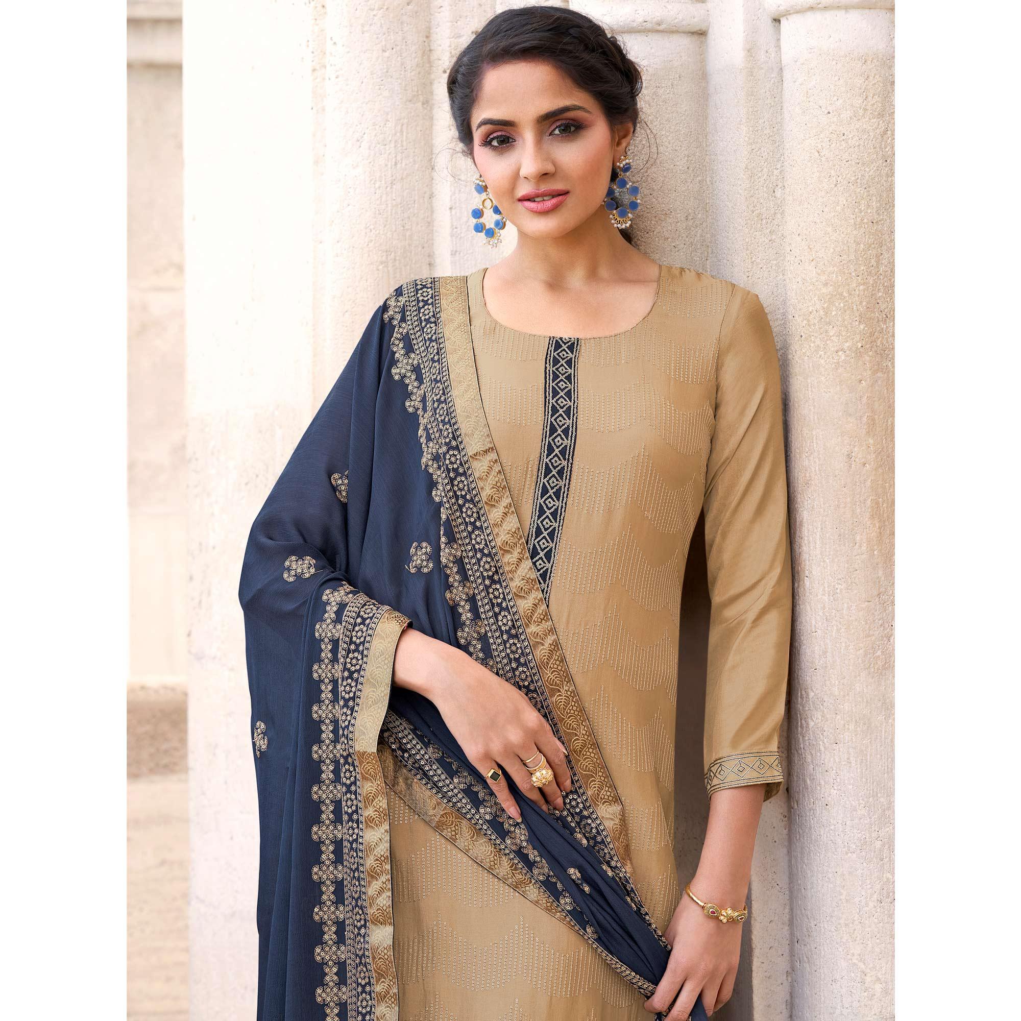 Beige Embroidered Georgette Suit - Peachmode