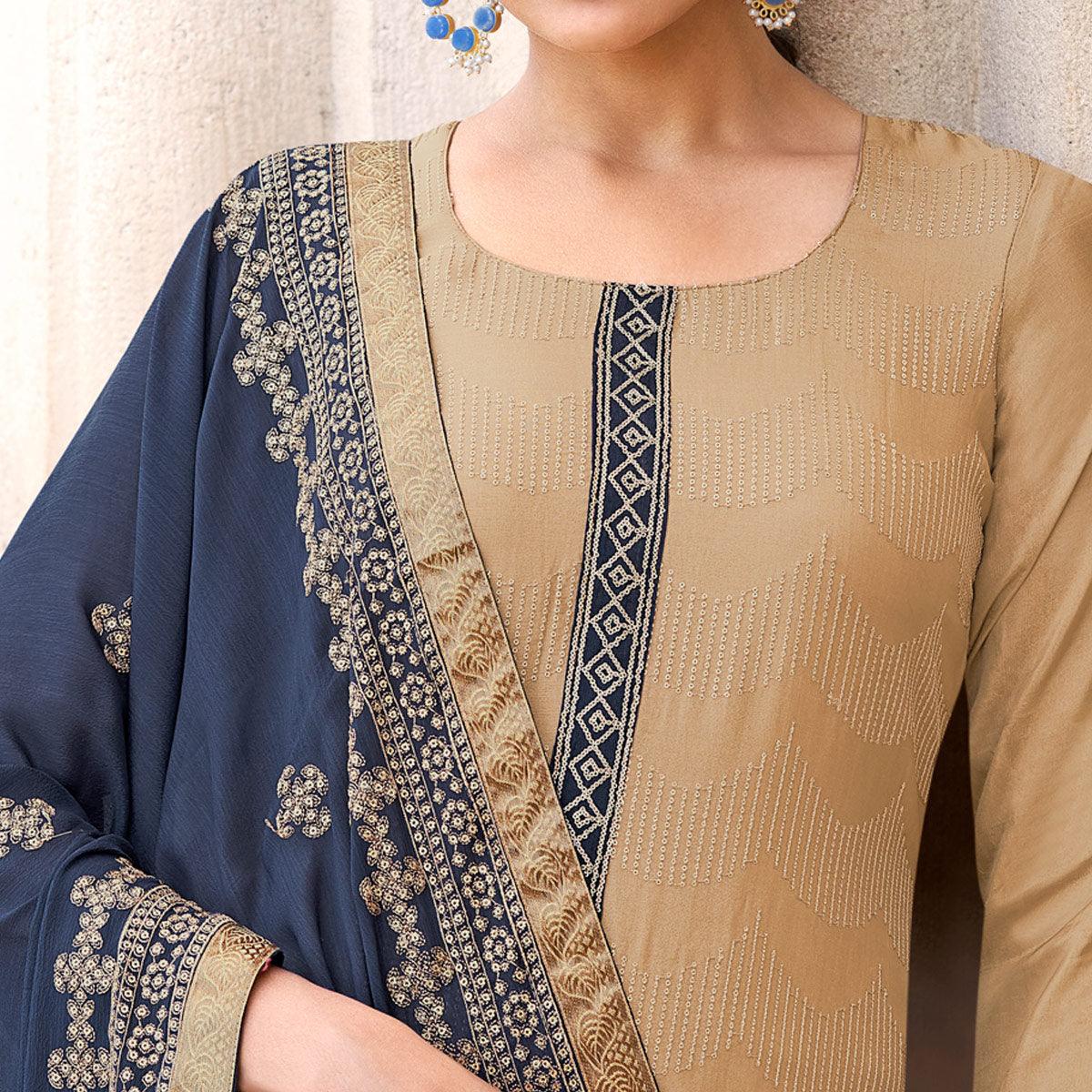 Beige Embroidered Georgette Suit - Peachmode