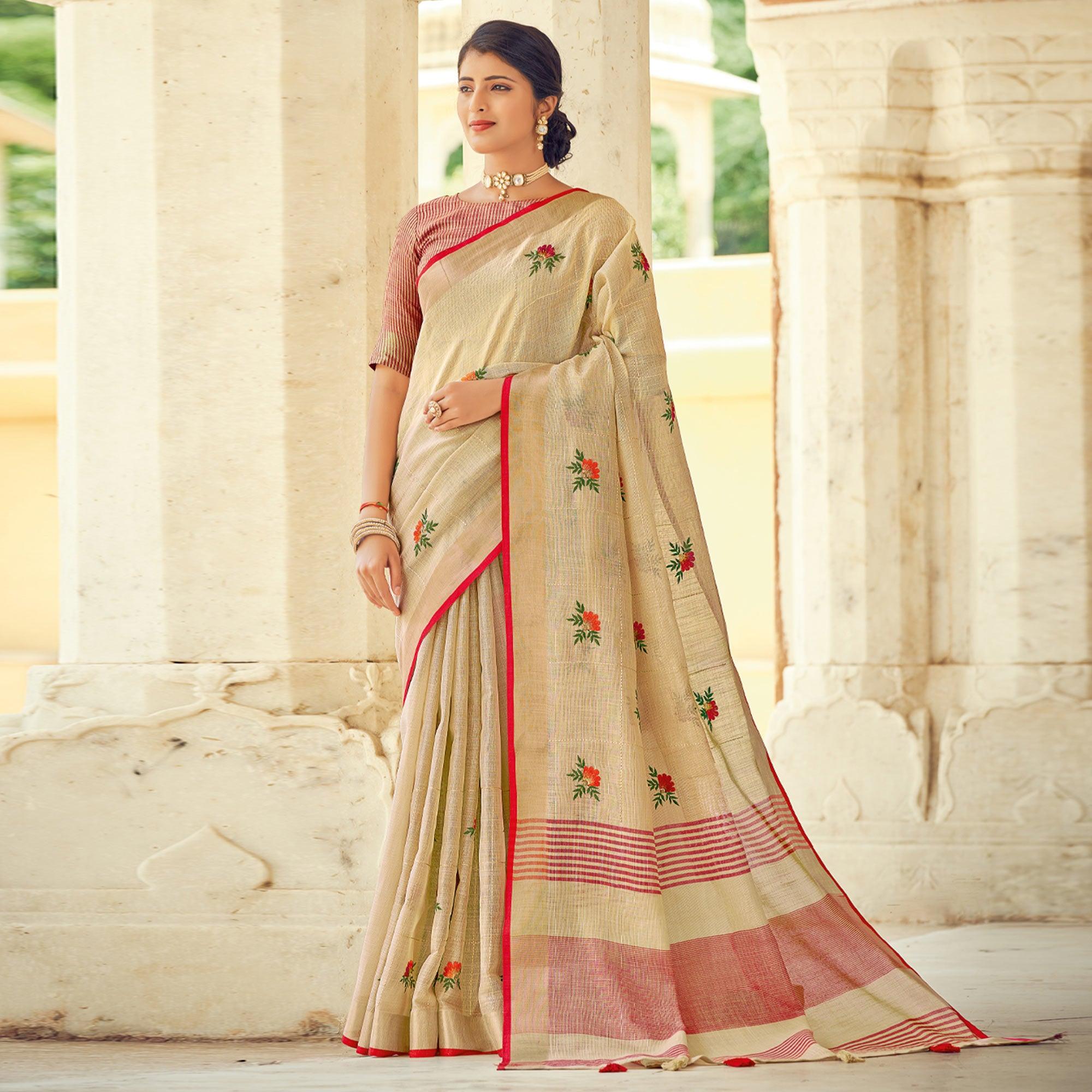 Beige Embroidered Linen Saree With Tassels - Peachmode