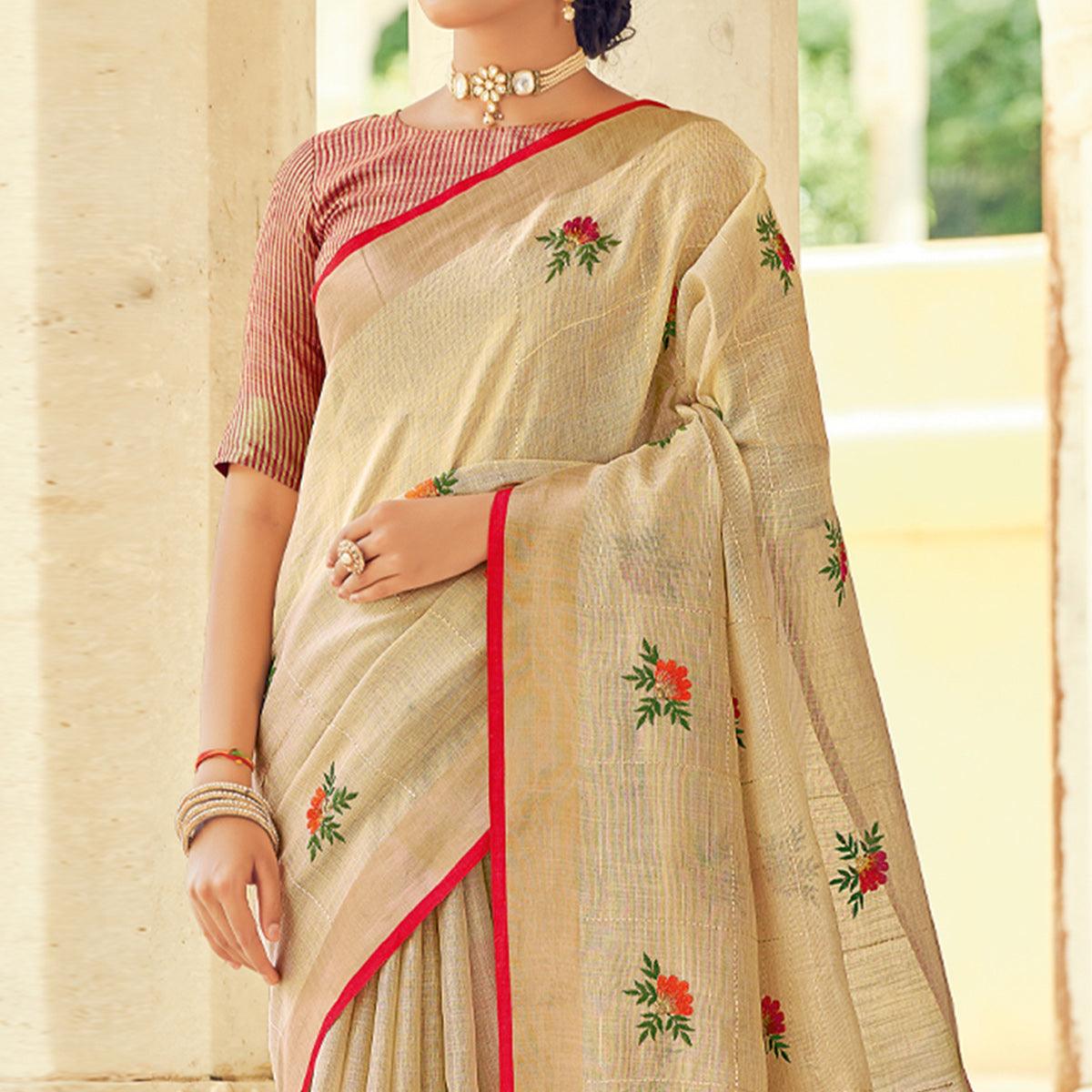 Beige Embroidered Linen Saree With Tassels - Peachmode