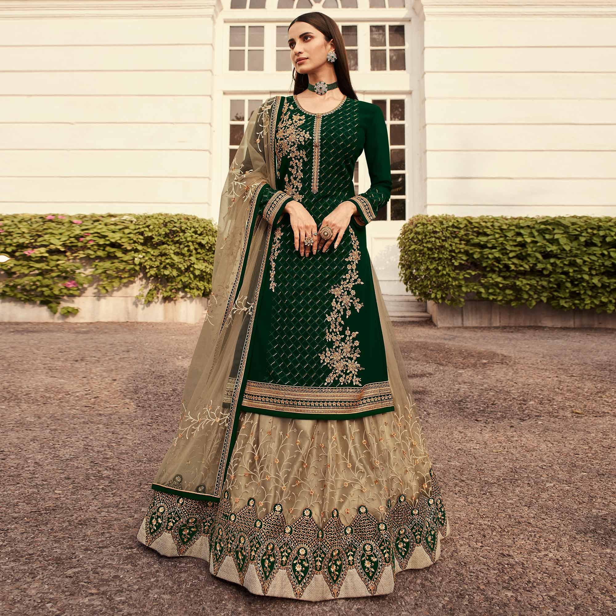 Beige Embroidered Net Lehenga Choli - Peachmode