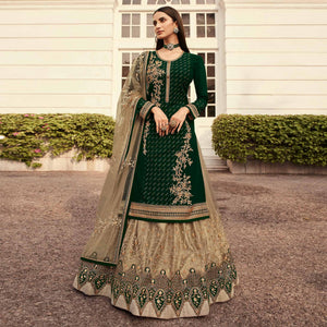 Beige Embroidered Net Lehenga Choli - Peachmode