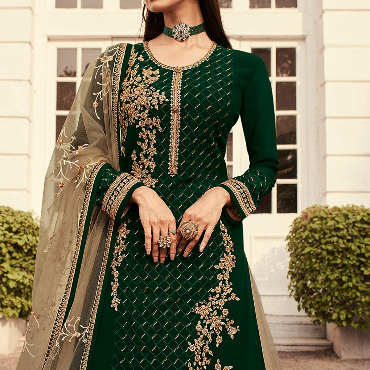 Beige Embroidered Net Lehenga Choli - Peachmode