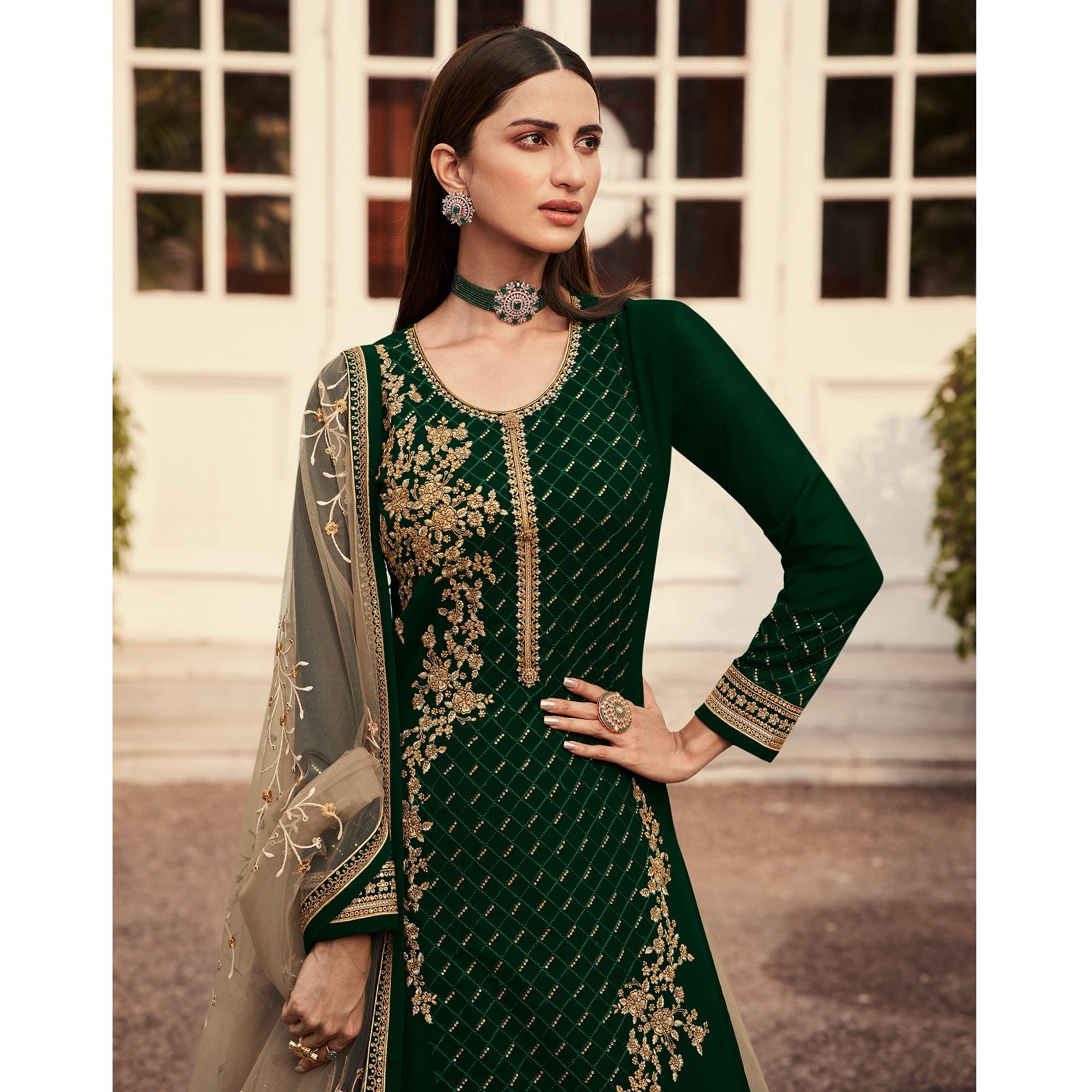 Beige Embroidered Net Lehenga Choli - Peachmode