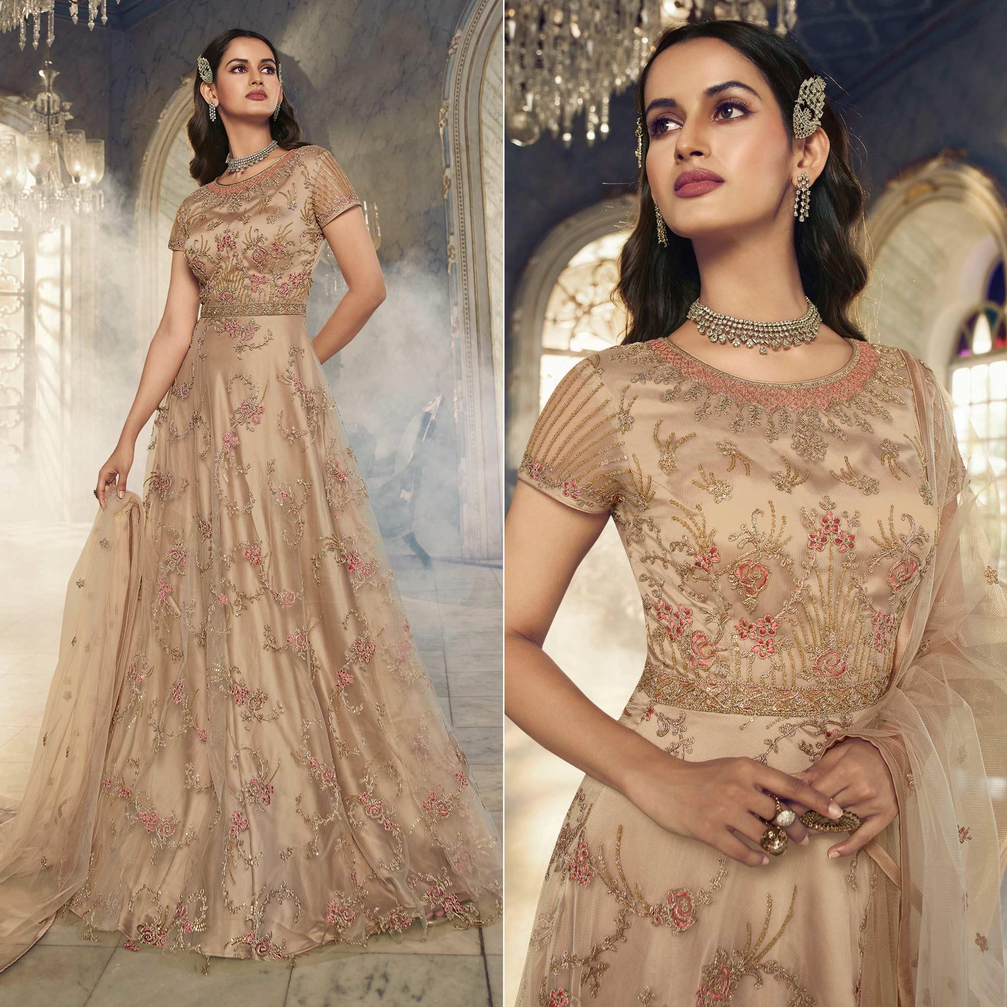Beige Embroidered Netted Anarkali Style Gown - Peachmode