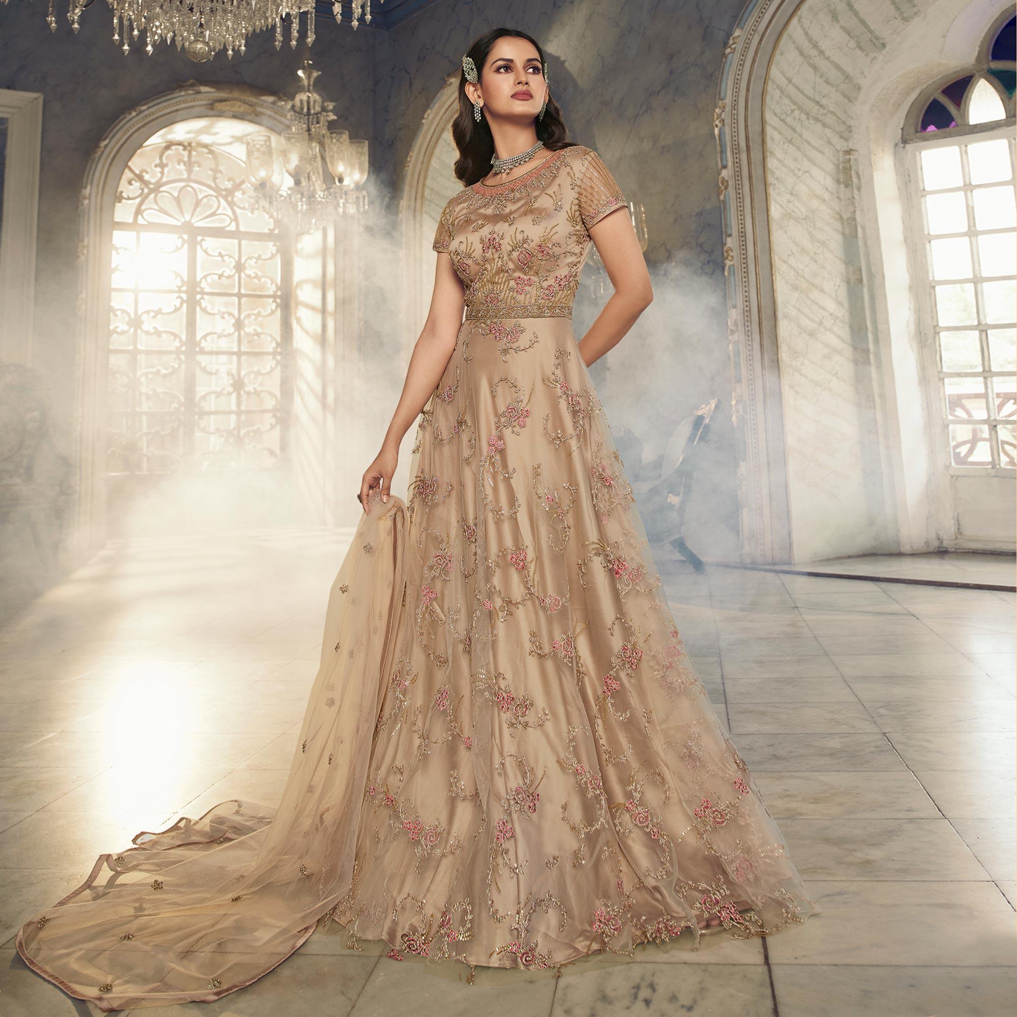 Beige Embroidered Netted Anarkali Style Gown - Peachmode