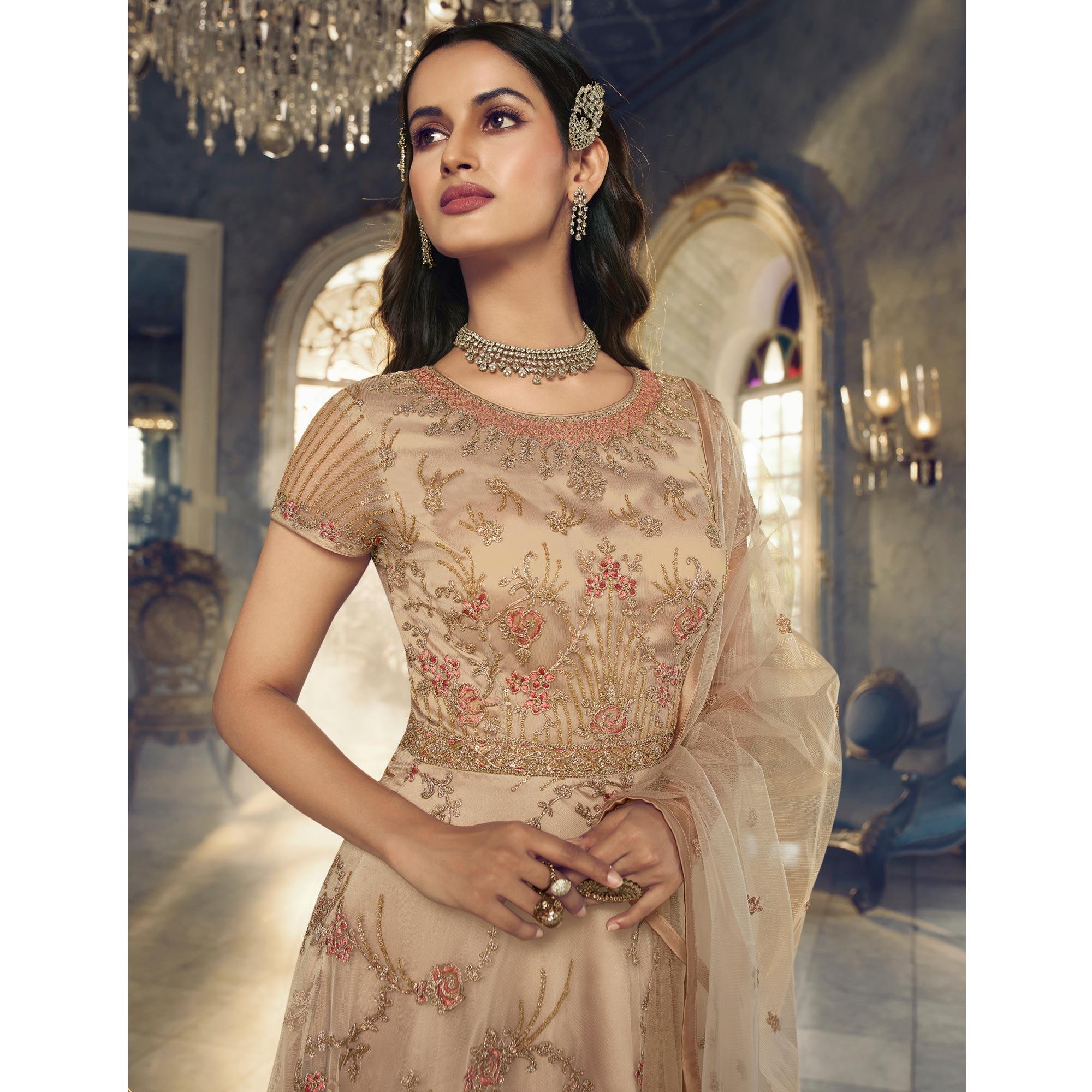 Beige Embroidered Netted Anarkali Style Gown - Peachmode