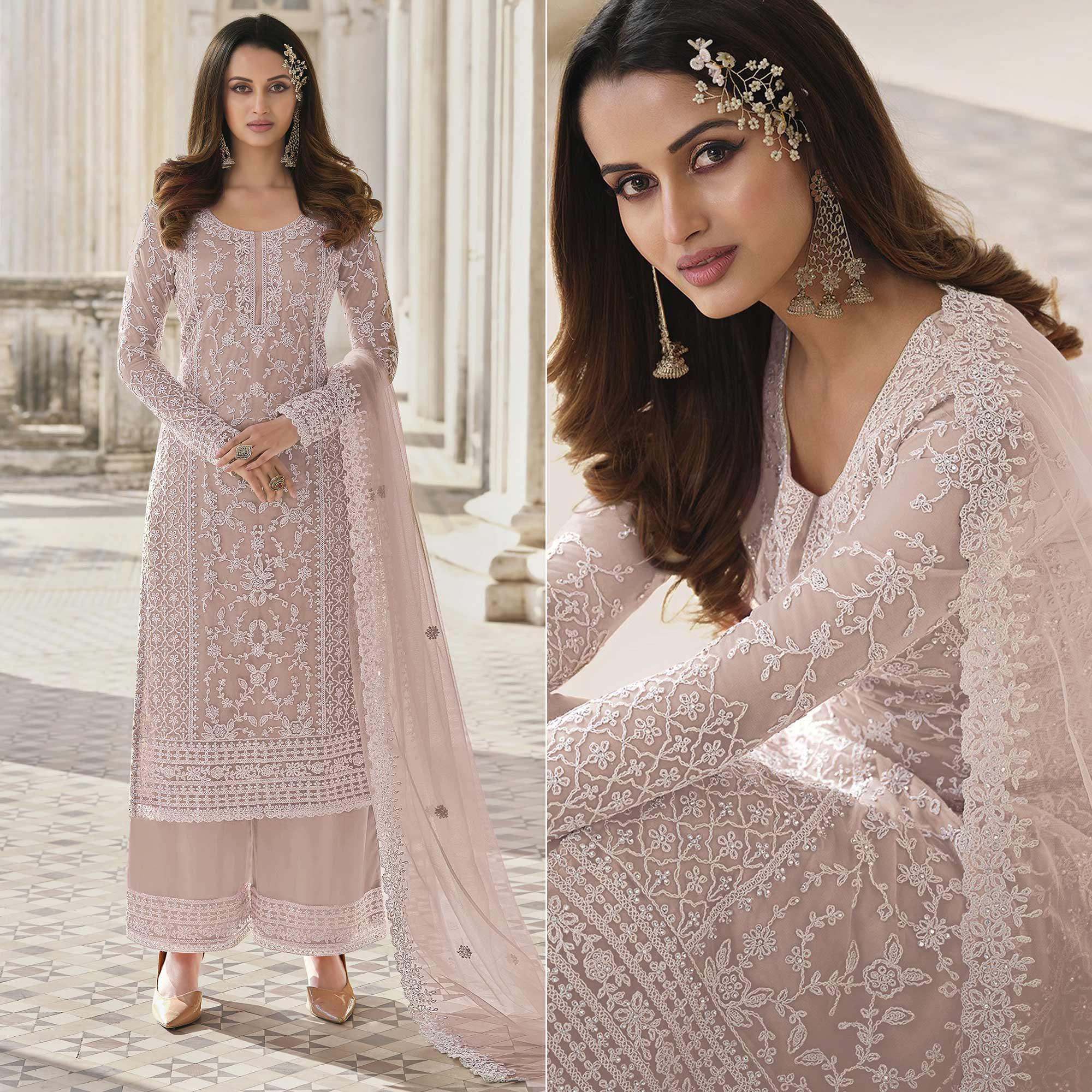 Beige Embroidered Netted Palazzo Suit - Peachmode