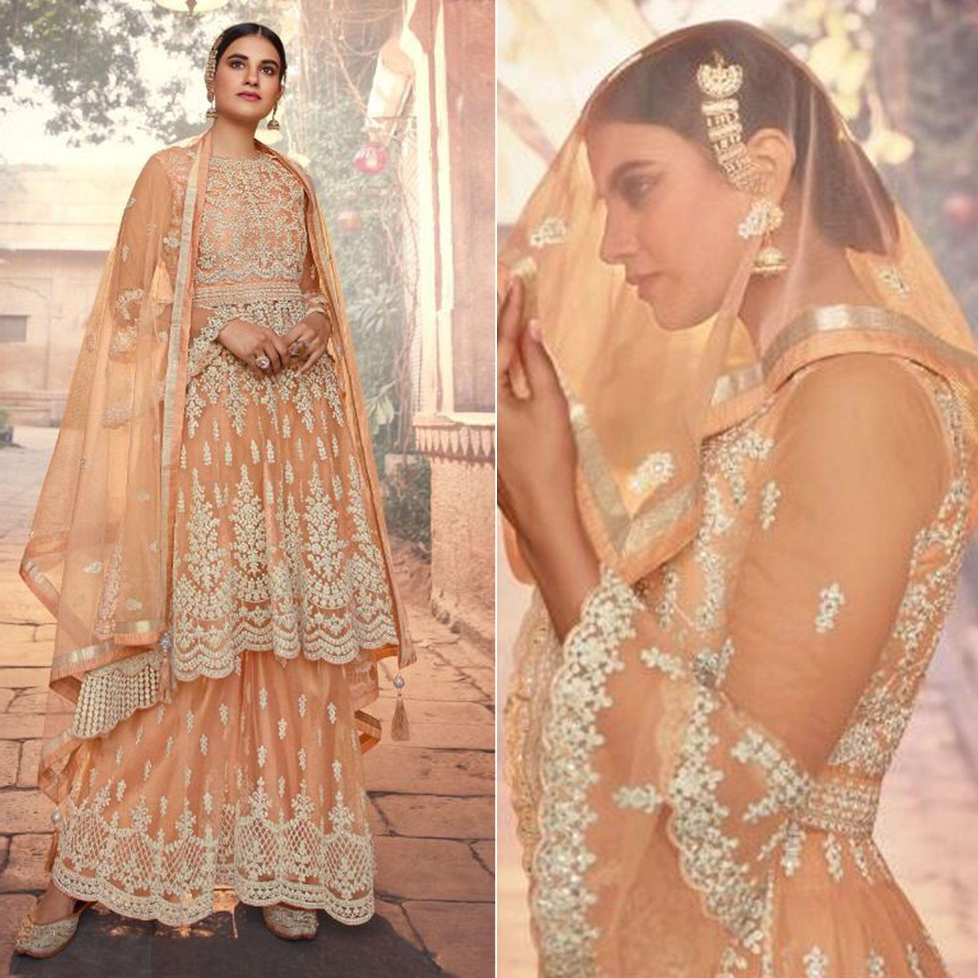 Beige Embroidered Netted Sharara Suit - Peachmode