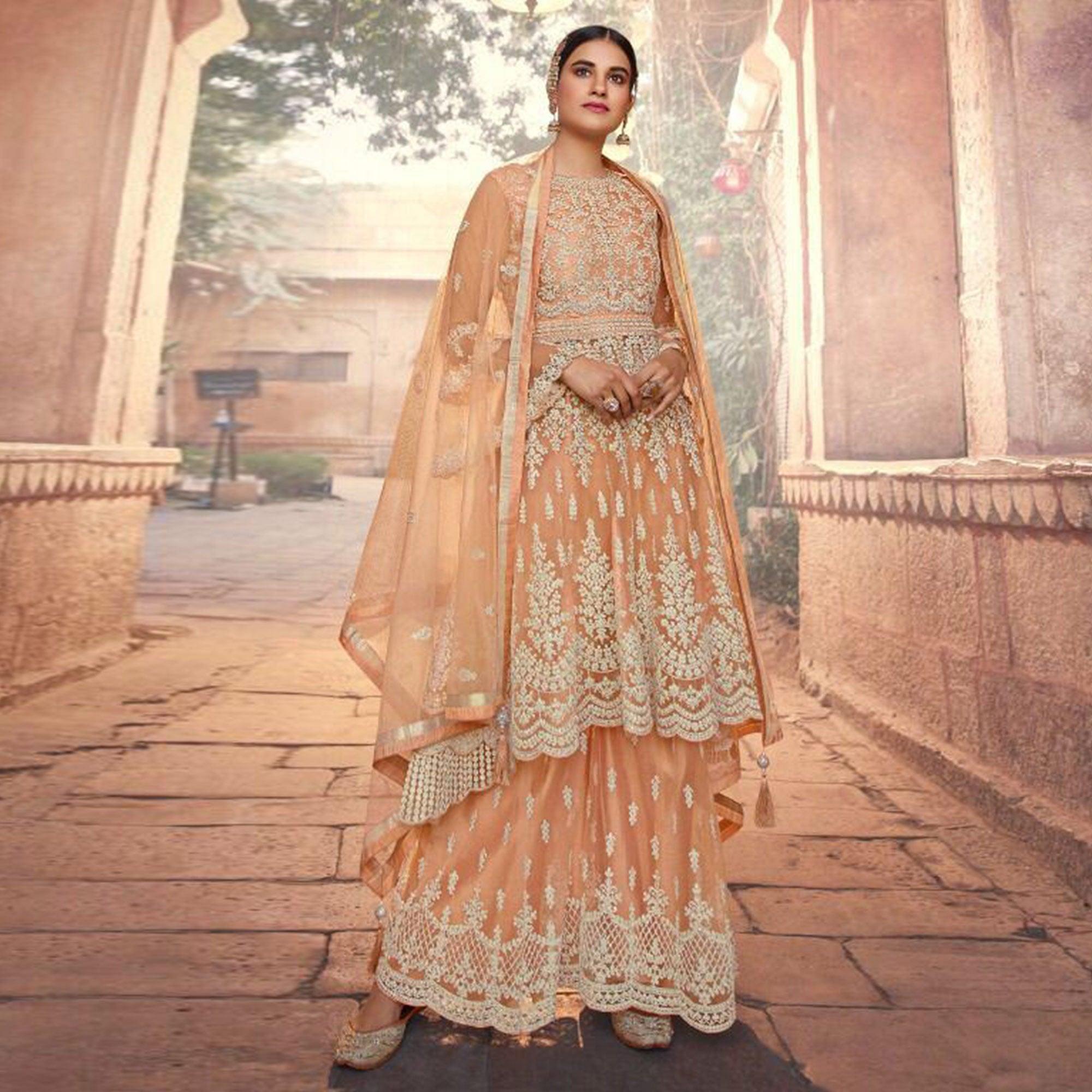 Beige Embroidered Netted Sharara Suit - Peachmode