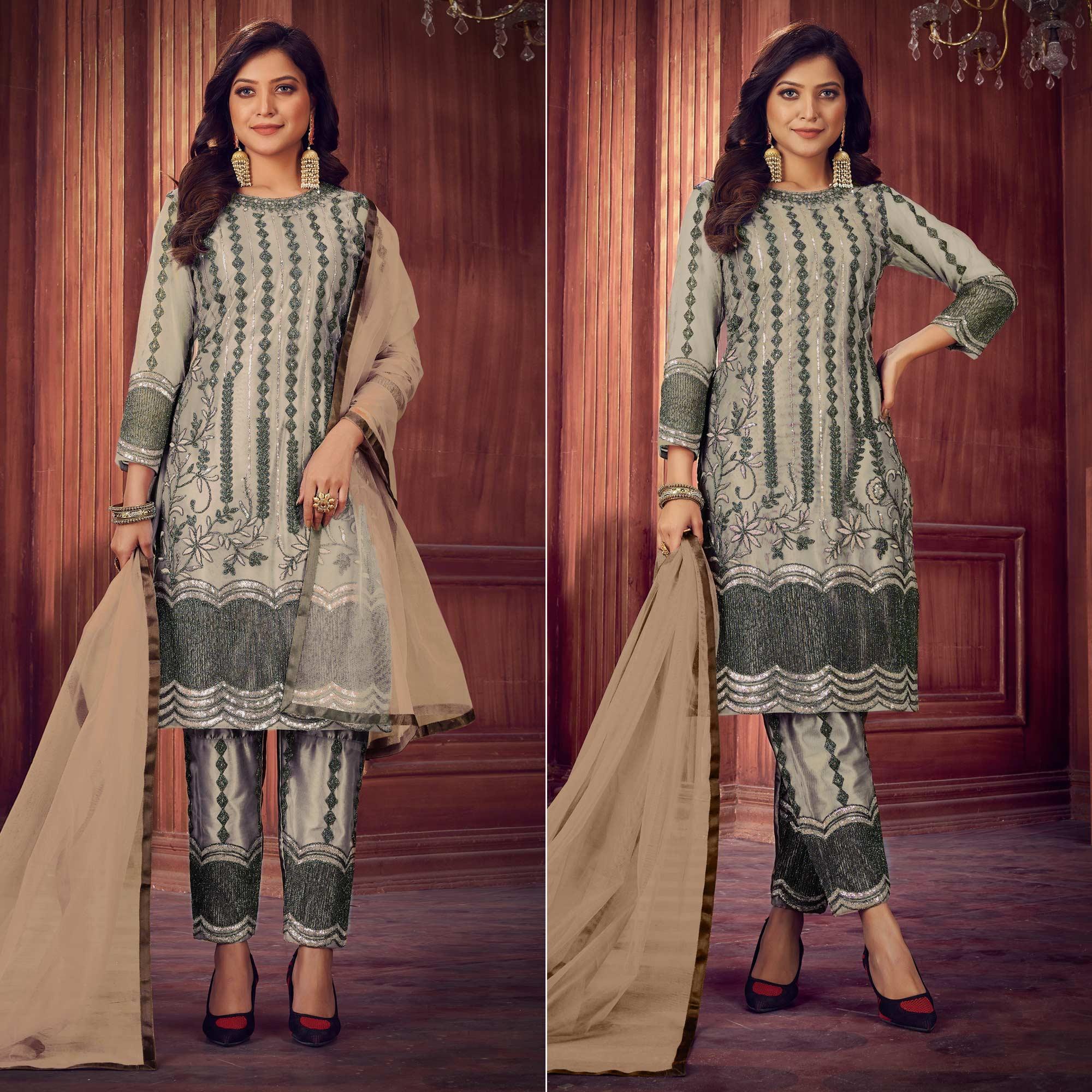 Beige Embroidered Netted Suit - Peachmode