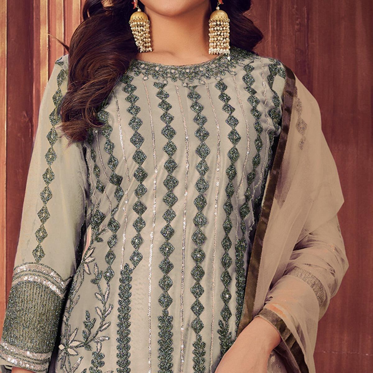Beige Embroidered Netted Suit - Peachmode