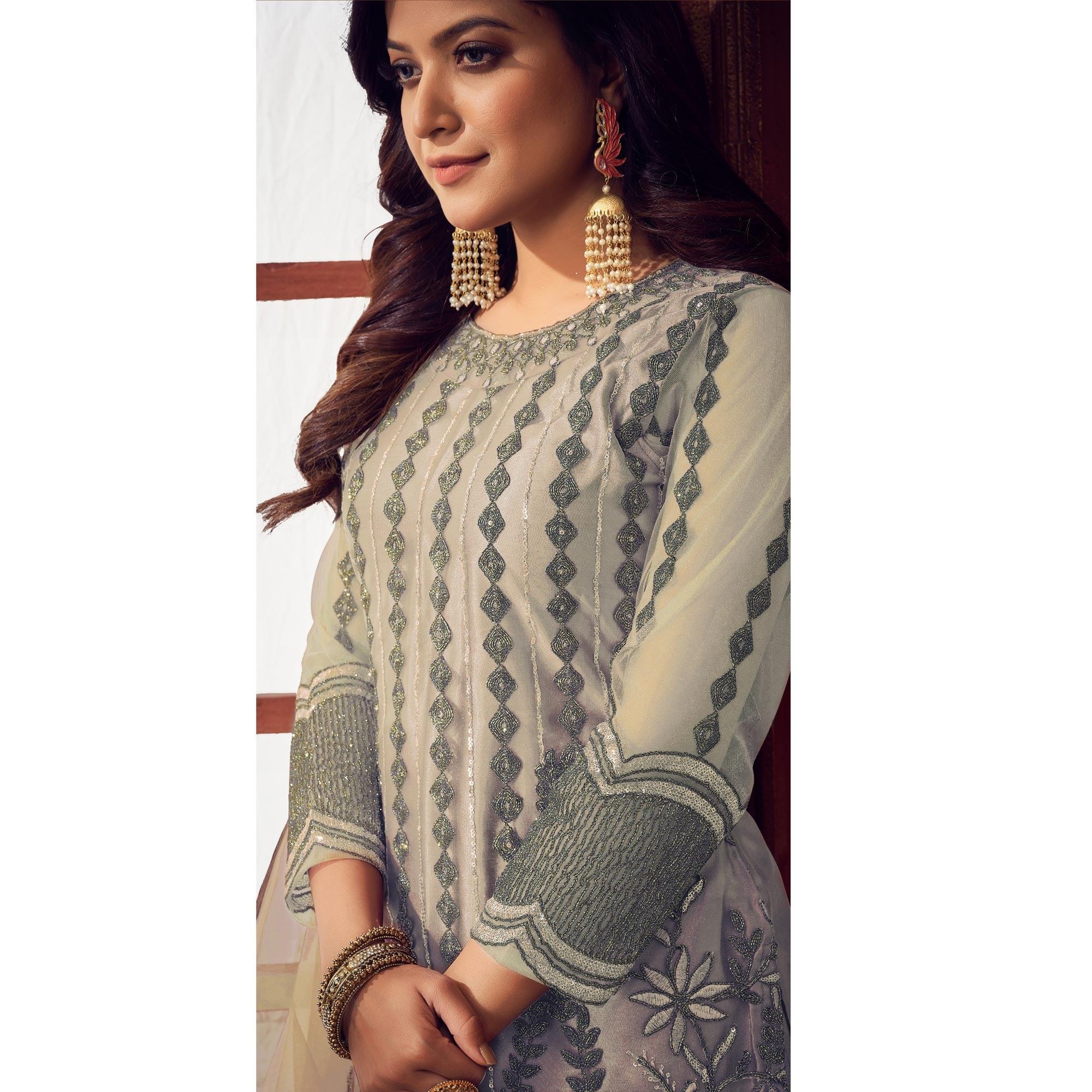 Beige Embroidered Netted Suit - Peachmode