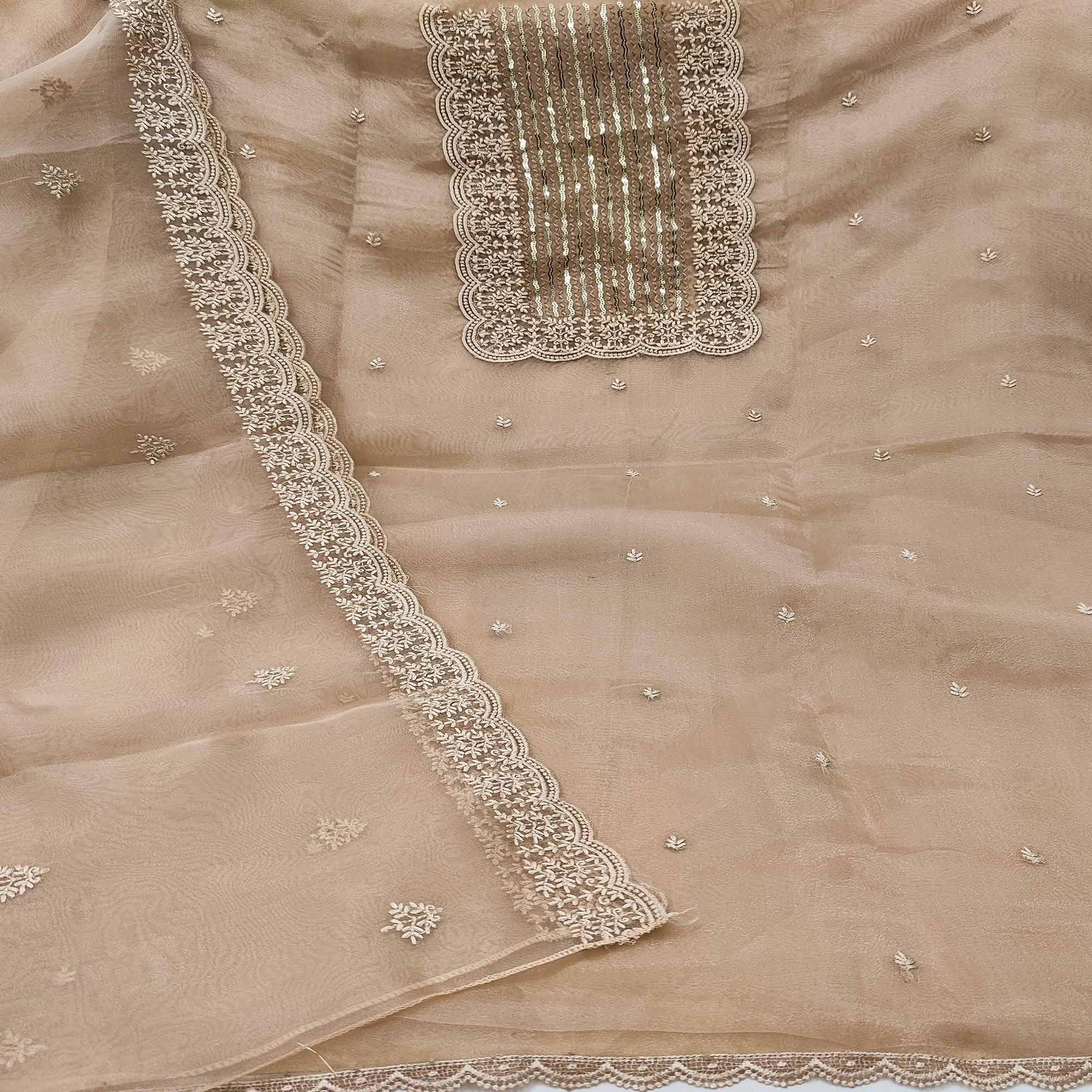 Beige Embroidered Organza Dress Material - Peachmode