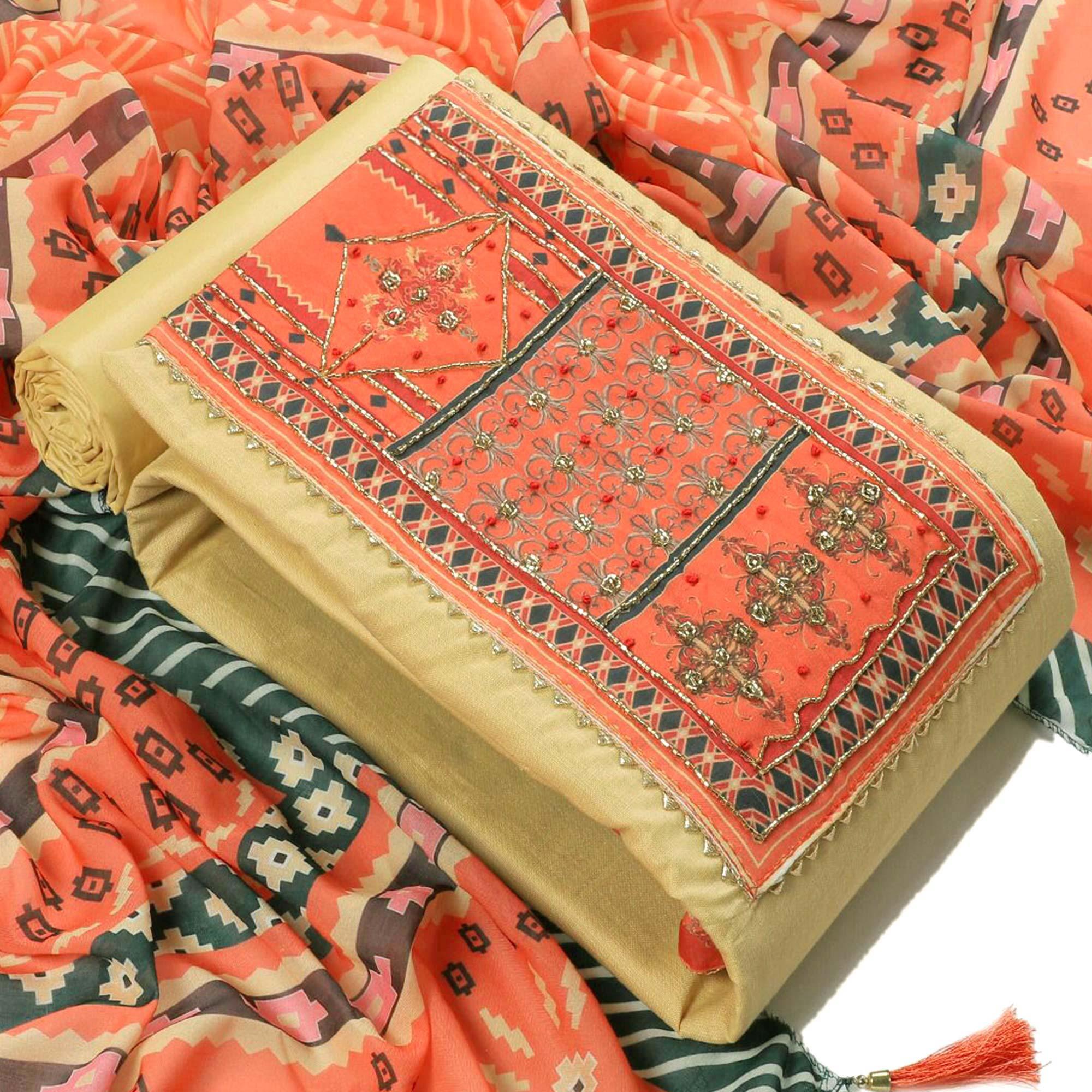 Beige Embroidered Poly Cotton Dress Material - Peachmode