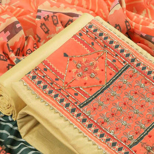 Beige Embroidered Poly Cotton Dress Material - Peachmode