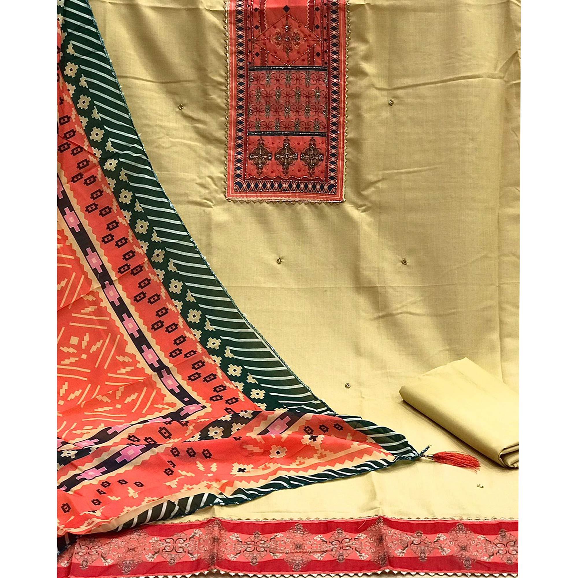 Beige Embroidered Poly Cotton Dress Material - Peachmode