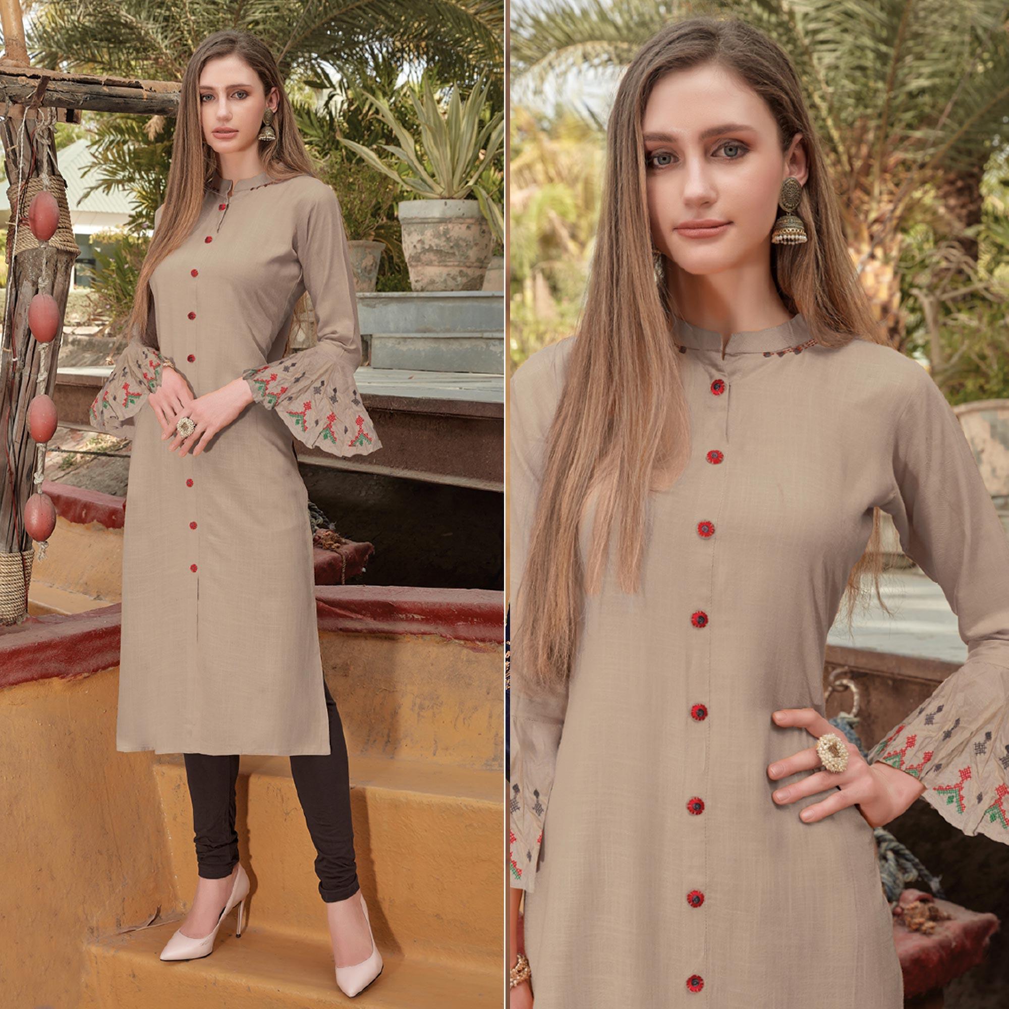 Beige Embroidered Poly Cotton Kurti - Peachmode