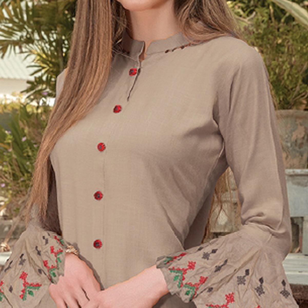 Beige Embroidered Poly Cotton Kurti - Peachmode