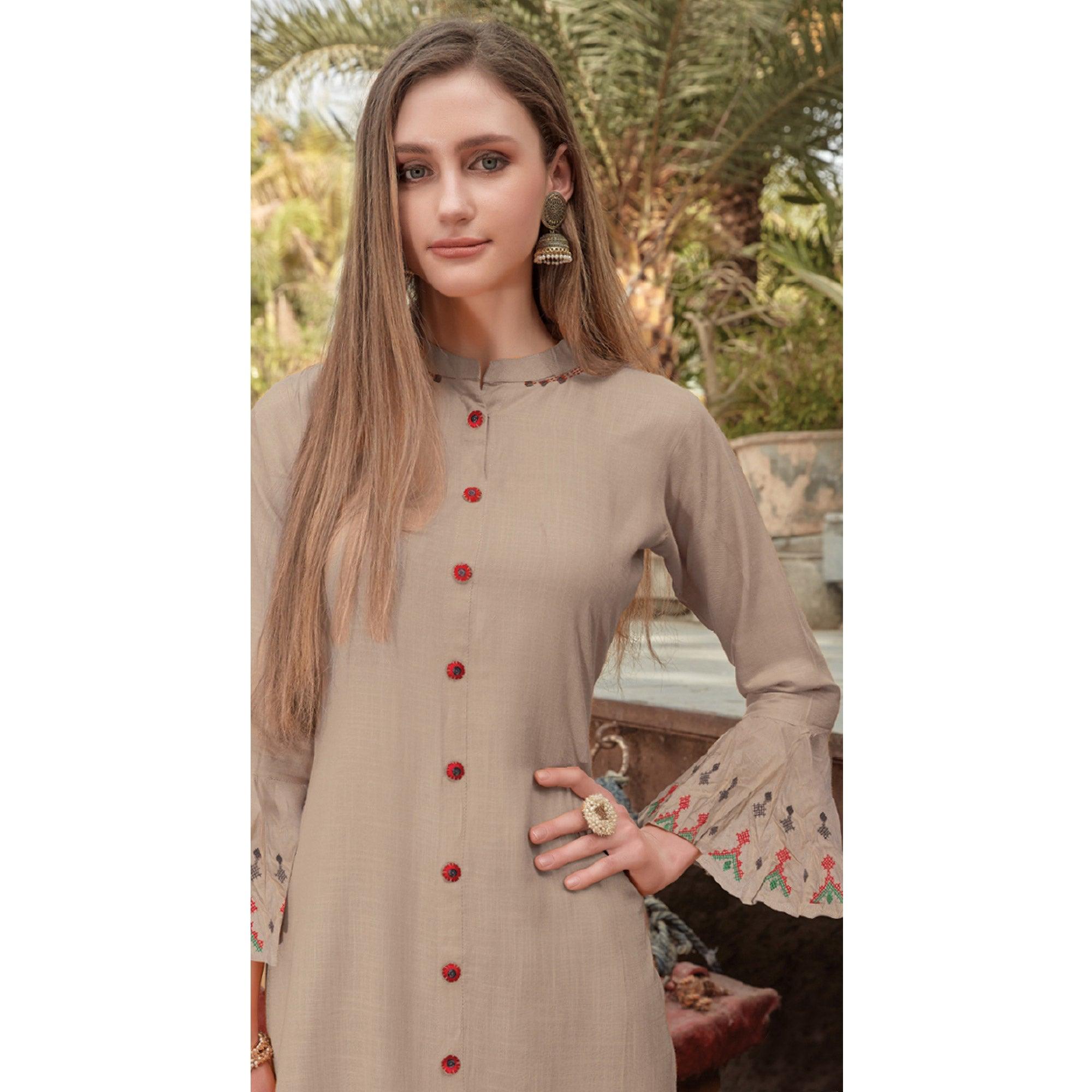 Beige Embroidered Poly Cotton Kurti - Peachmode