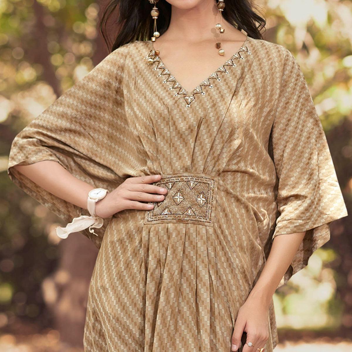 Beige Embroidered Rayon Kaftan - Peachmode