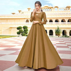 Beige Embroidered Tapetta Silk Gown - Peachmode