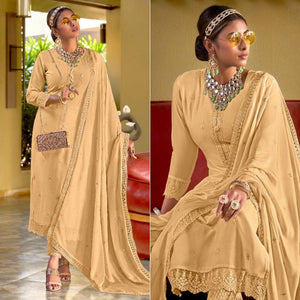 Beige Embroidered Viscose Suit - Peachmode
