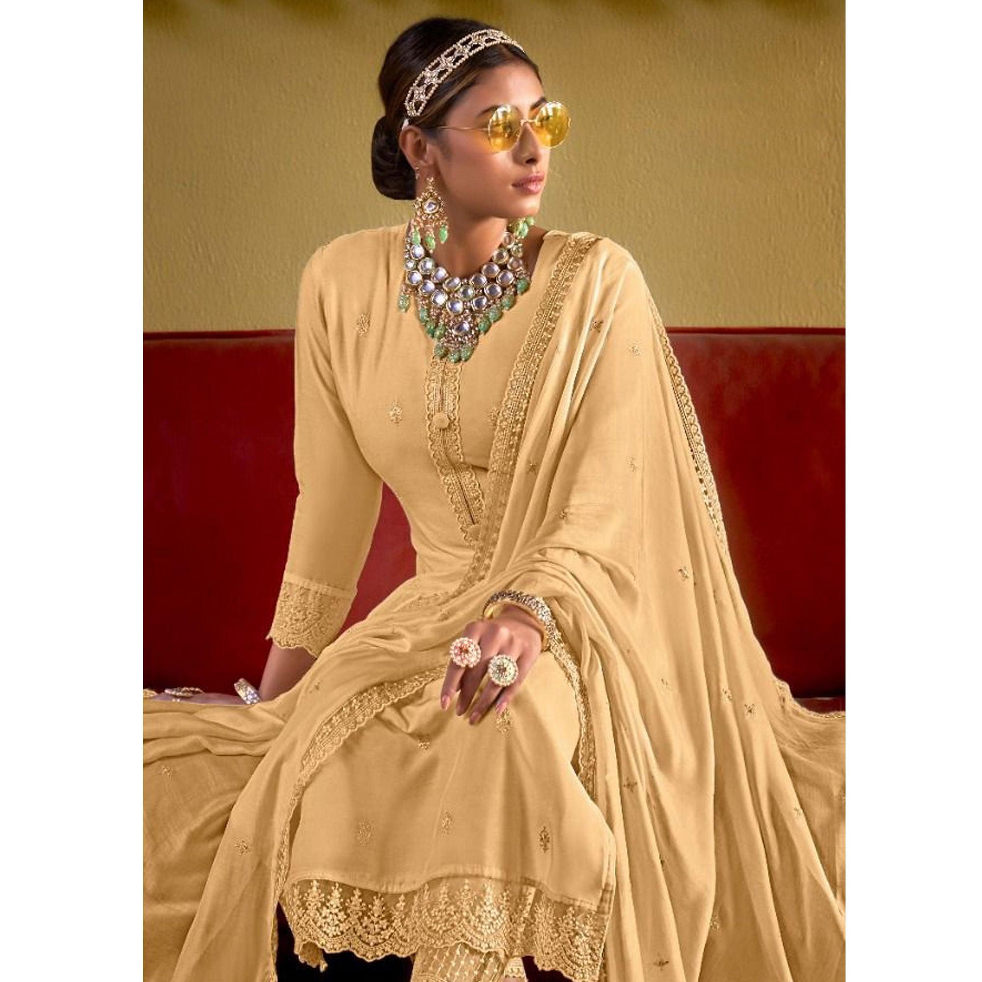 Beige Embroidered Viscose Suit - Peachmode