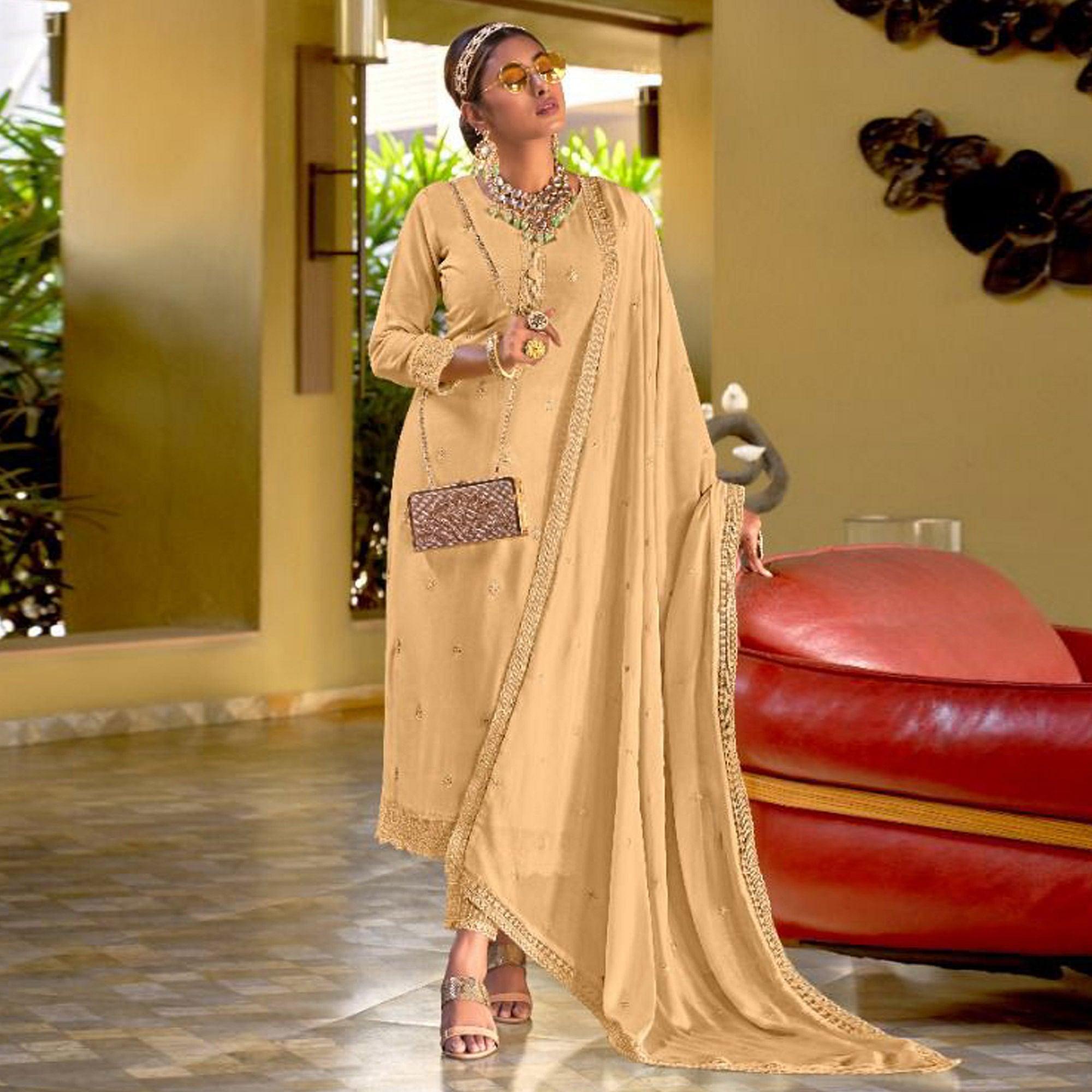 Beige Embroidered Viscose Suit - Peachmode