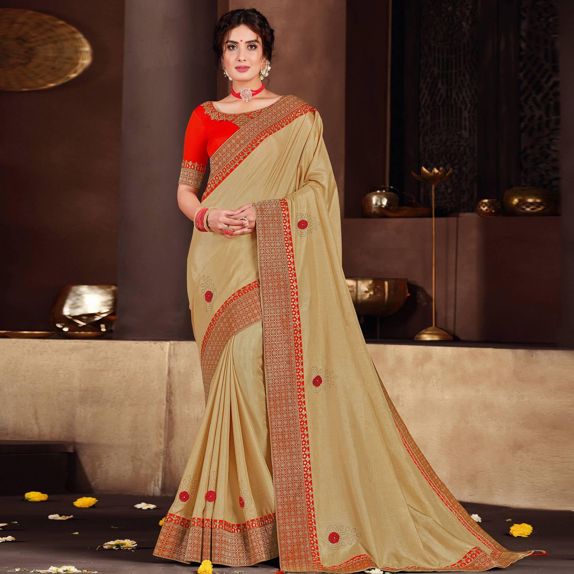 Beige Embroidered With Embellished Art Silk Saree - Peachmode