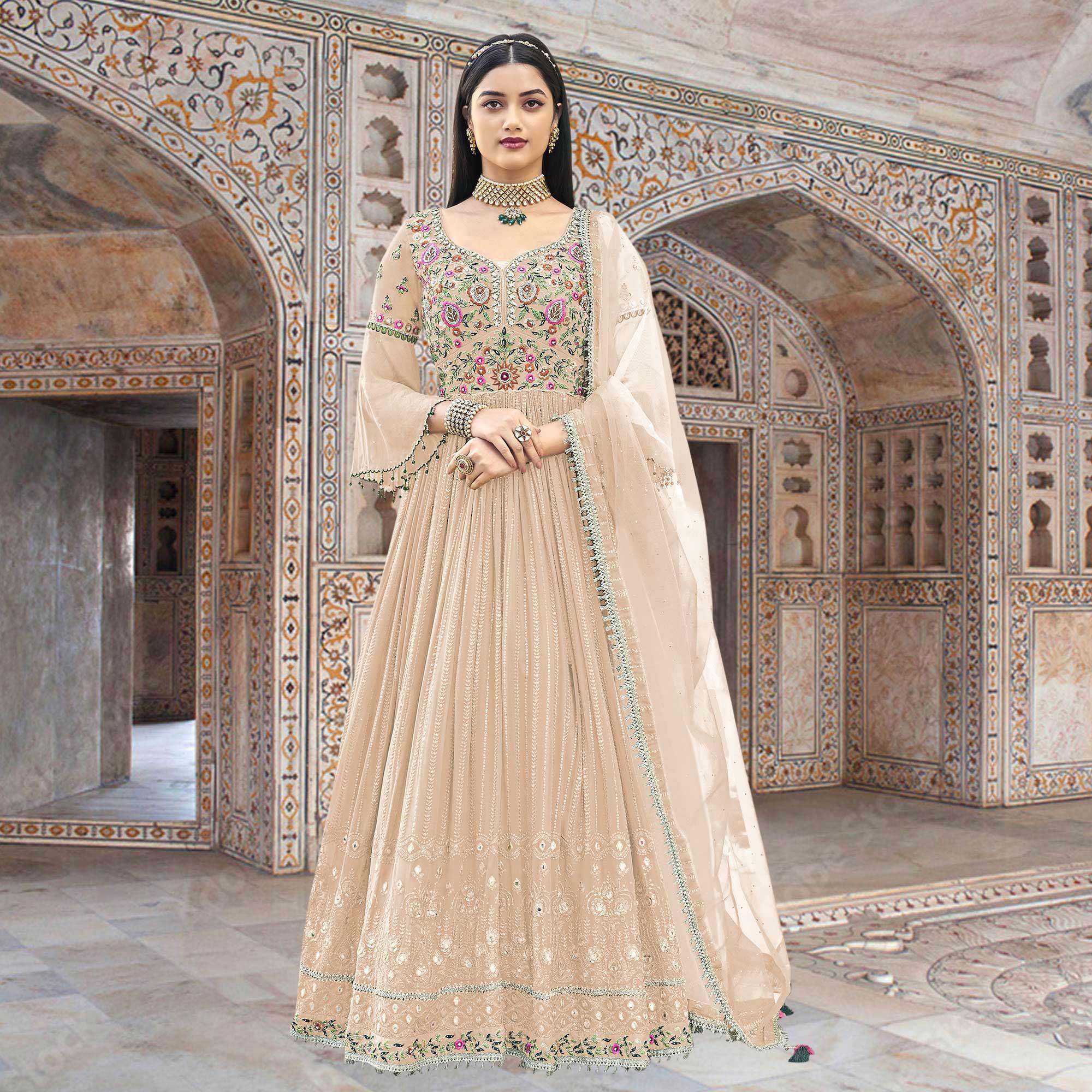 Beige Embroidered With Embellished Georgette Anarkali Style Gown - Peachmode