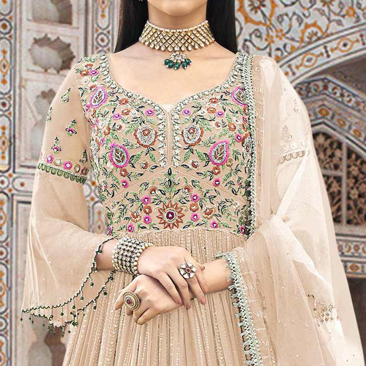 Beige Embroidered With Embellished Georgette Anarkali Style Gown - Peachmode