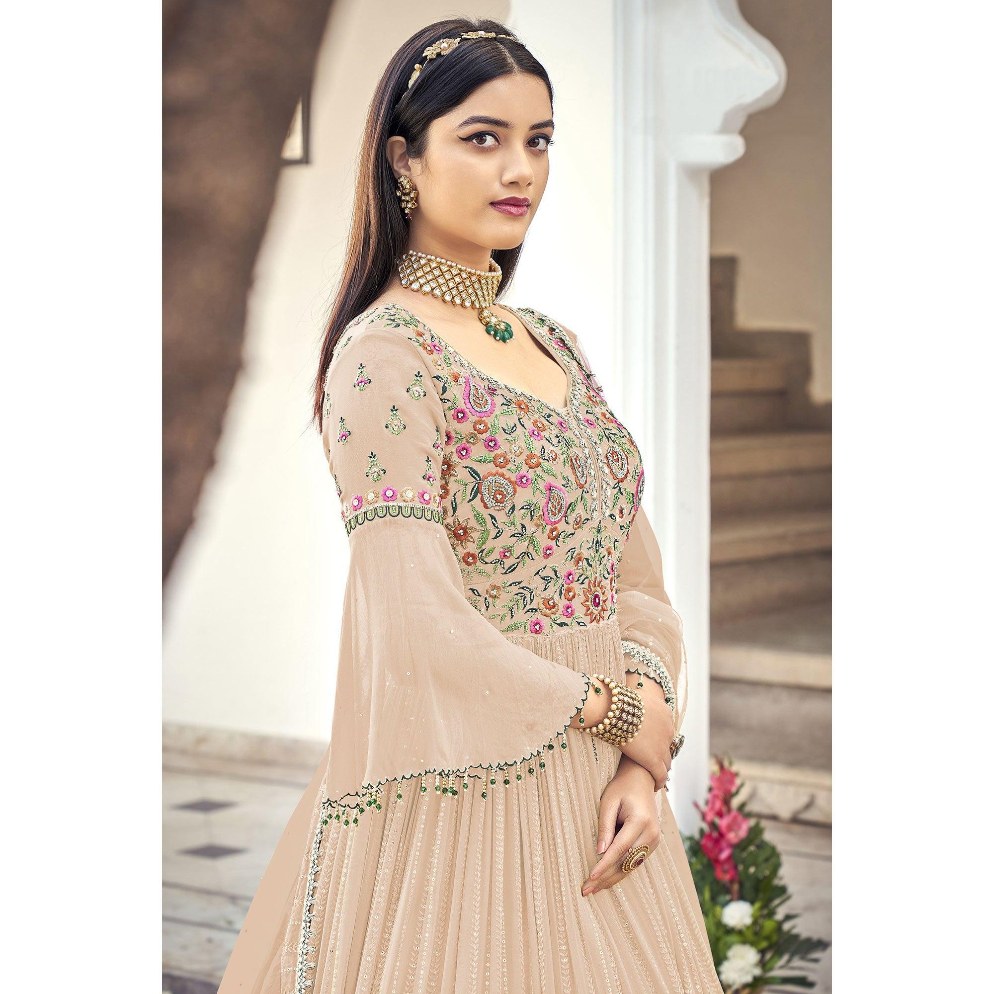 Beige Embroidered With Embellished Georgette Anarkali Style Gown - Peachmode