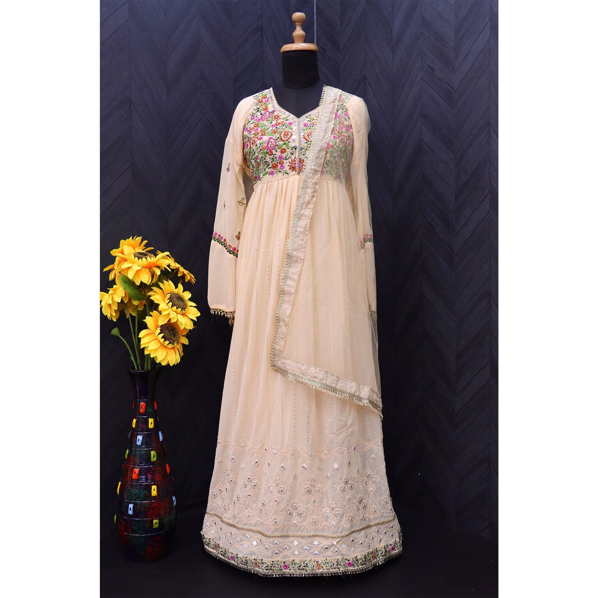 Beige Embroidered With Embellished Georgette Anarkali Style Gown - Peachmode